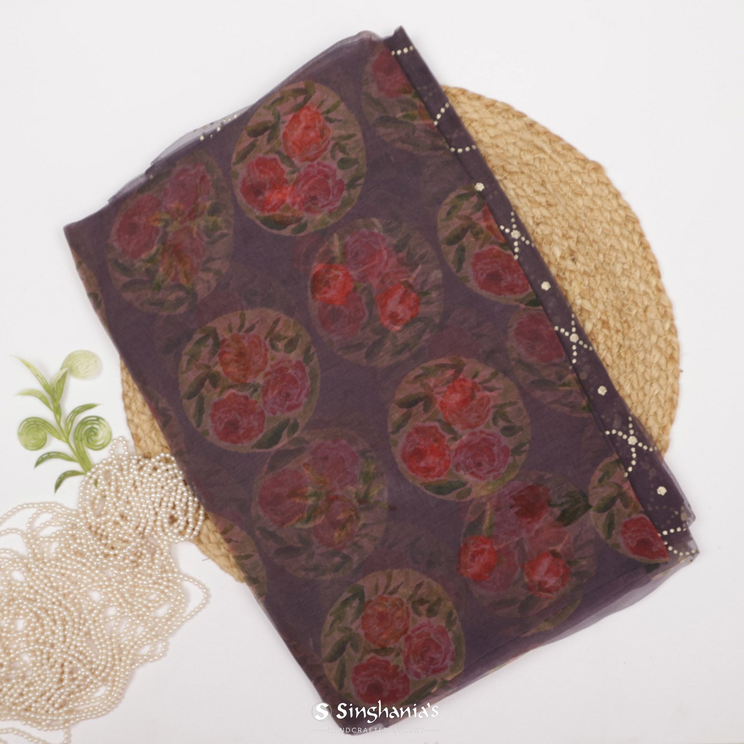Old Lavender Printed Organza Saree With Floral Pattern