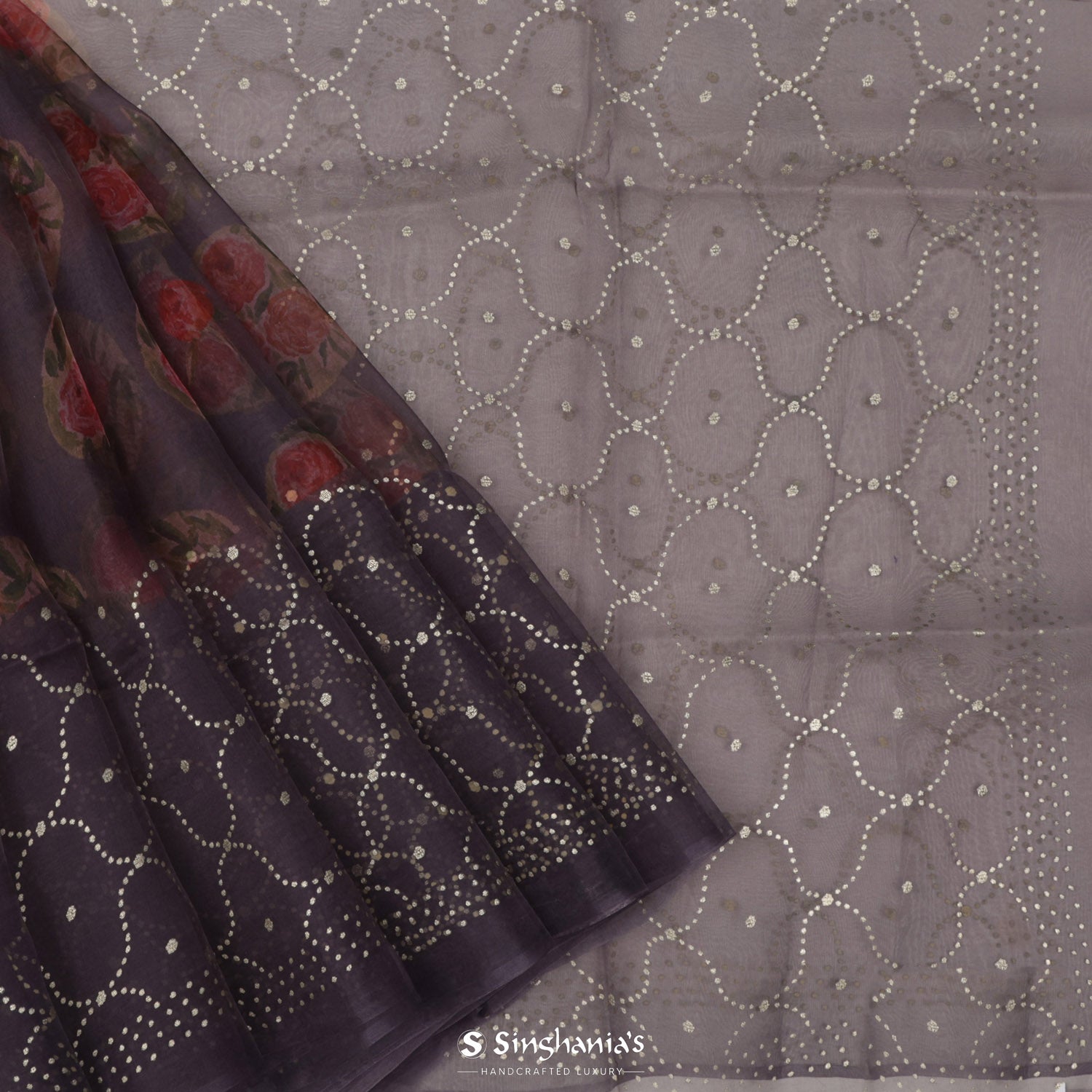 Old Lavender Printed Organza Saree With Floral Pattern