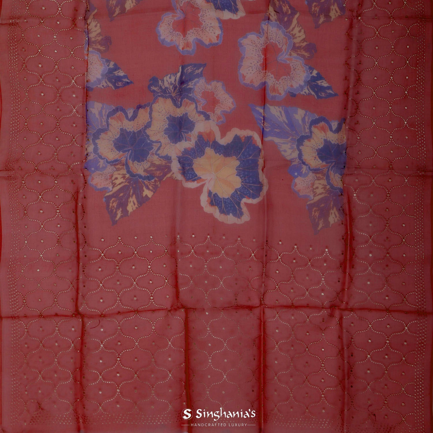 Auburn Red Printed Organza Saree With Mukaish Work