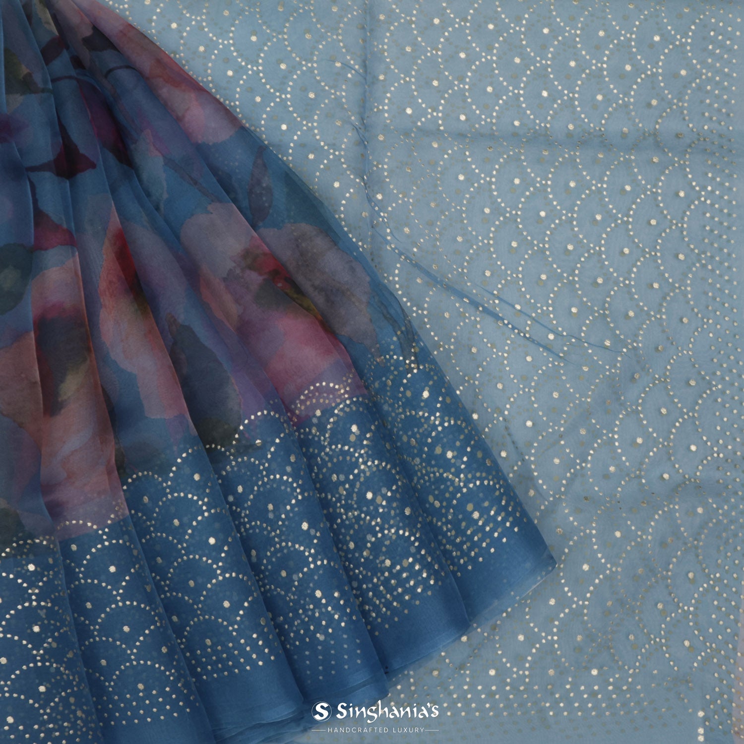 Blue-Gray Printed Organza Saree With Floral Pattern
