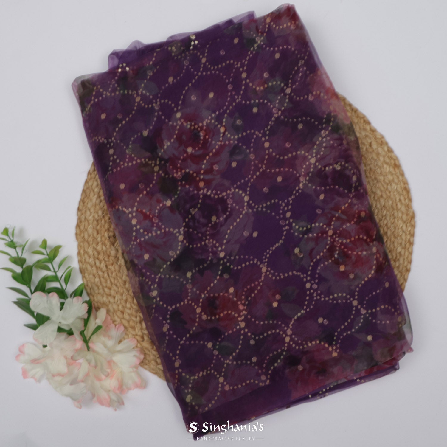 Seance Purple Organza Saree With Printed Floral Pattern