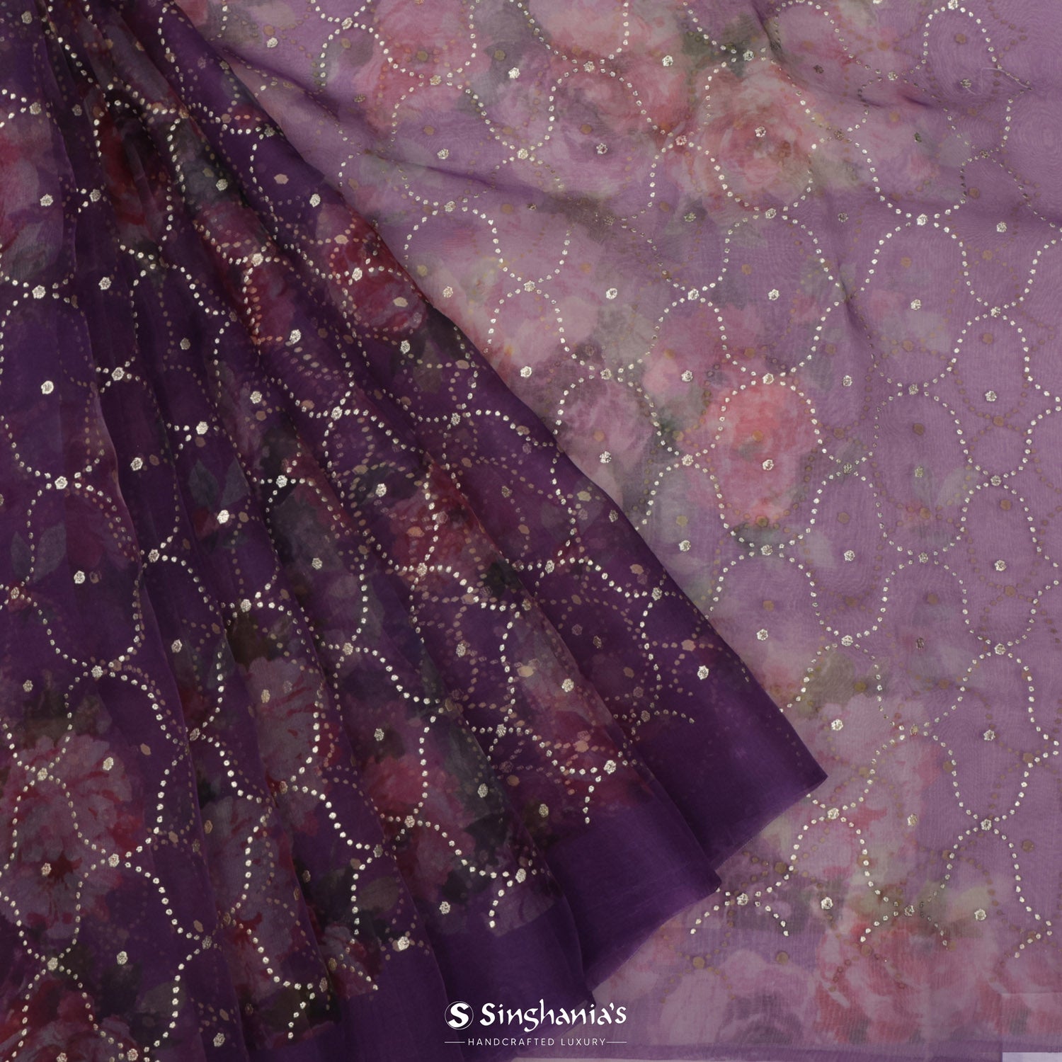 Seance Purple Organza Saree With Printed Floral Pattern