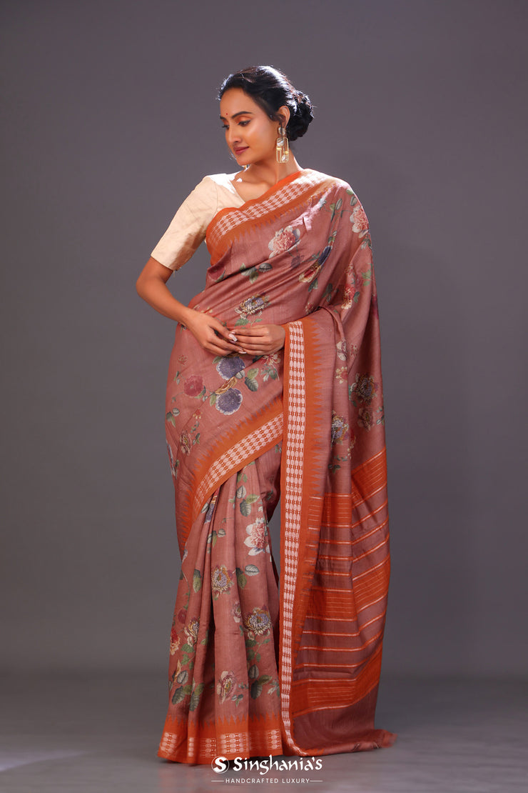 Floral Hand-Printed Pure Tussar Silk Saree FH90