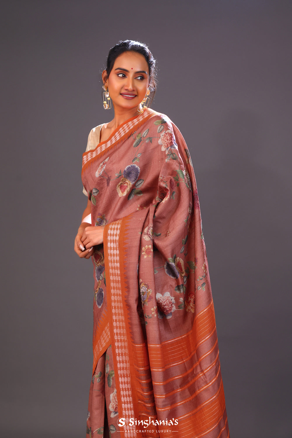 Chestnut Brown Printed Tussar Silk Saree