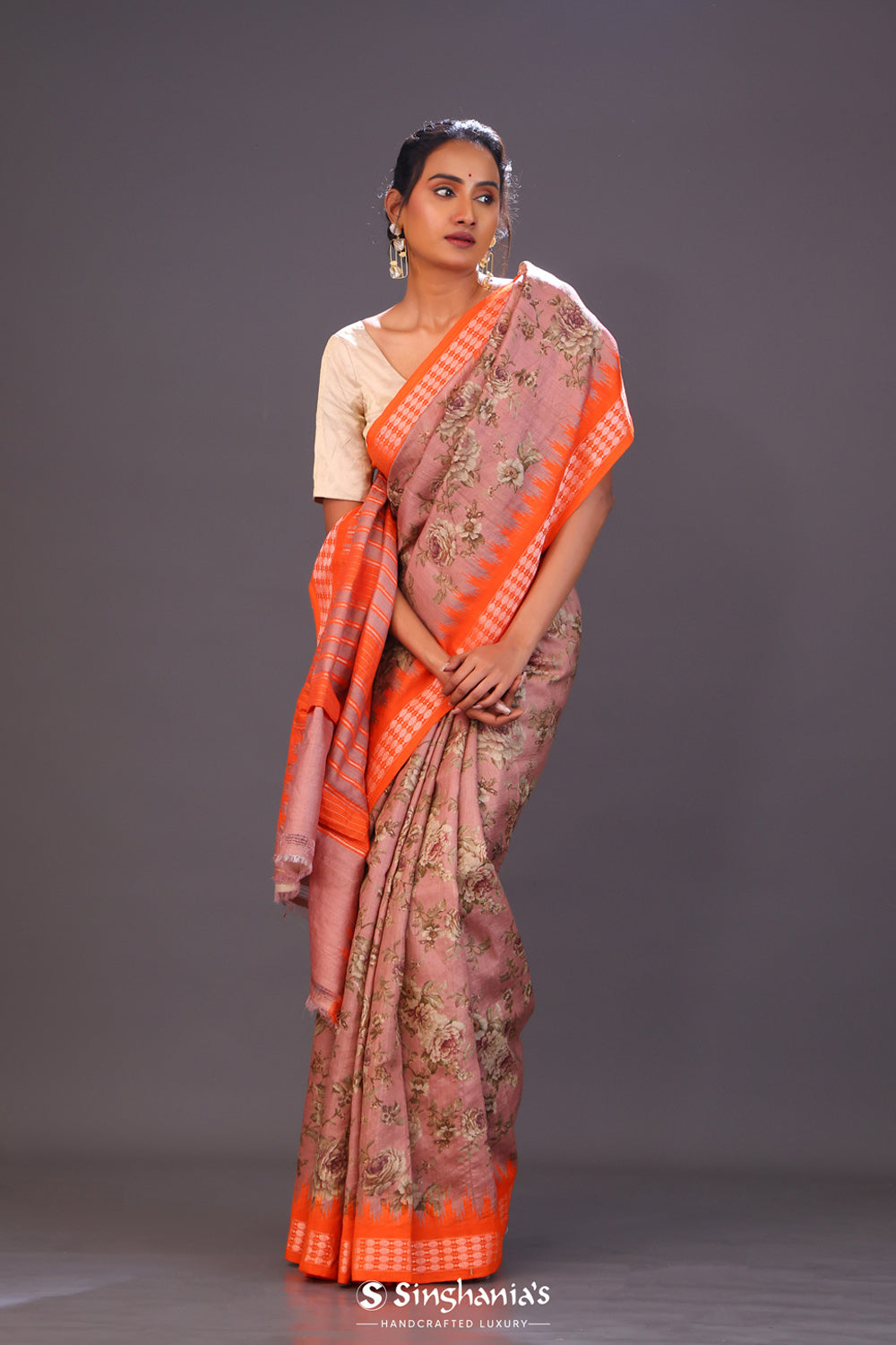 Chocolate Brown Printed Tussar Silk Saree