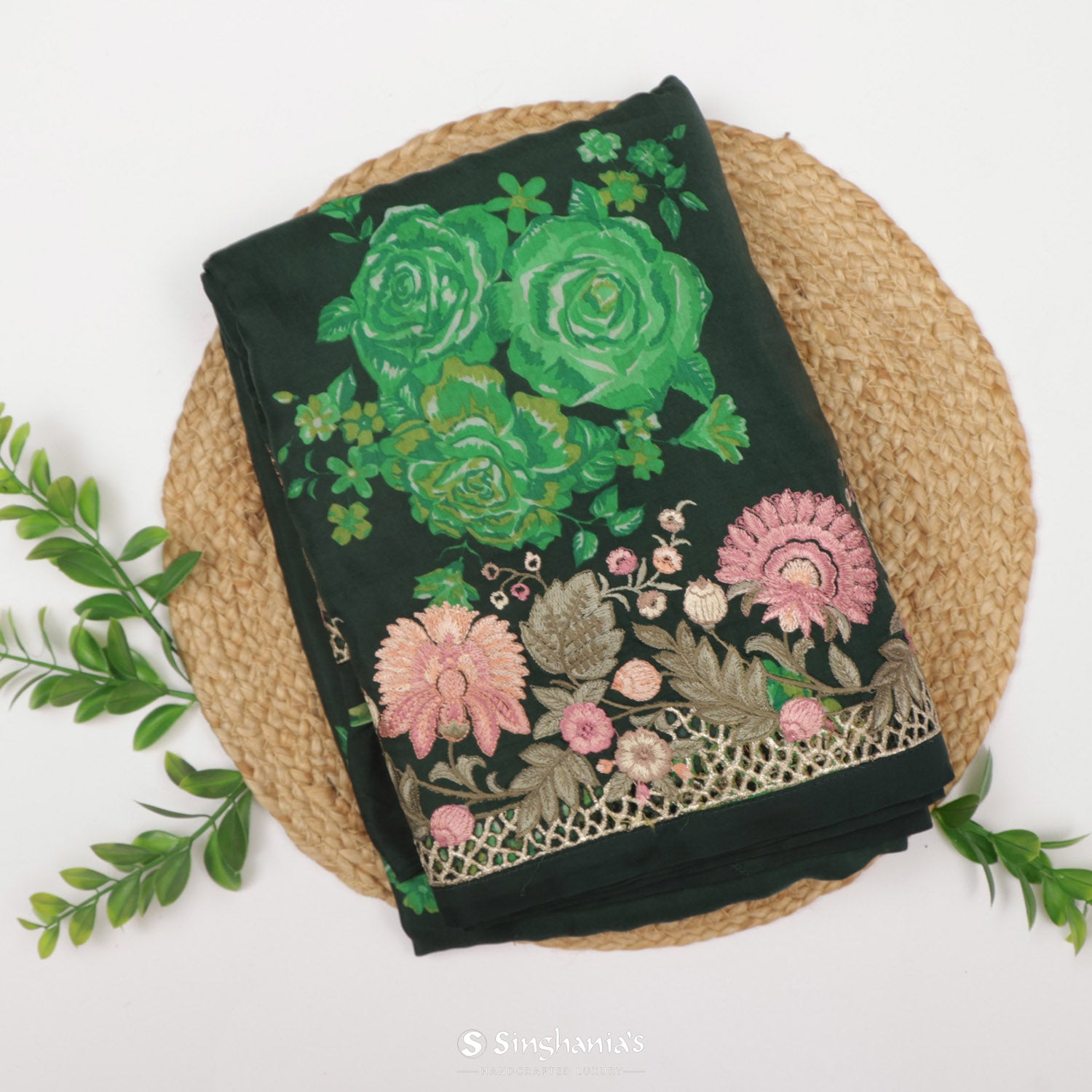 Medium Jungle Green Printed Satin Silk Saree With Floral Pattern