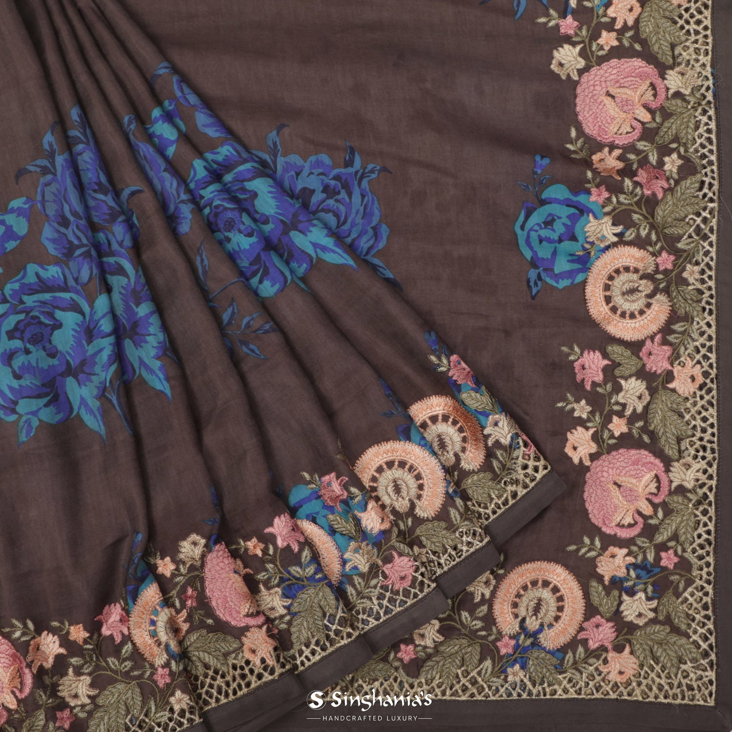 Brown Stone Satin Saree With Printed Floral Pattern And Embroidery