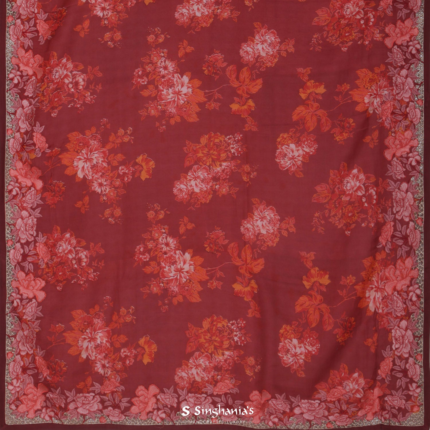 English Red Printed Satin Silk Saree With Floral Pattern