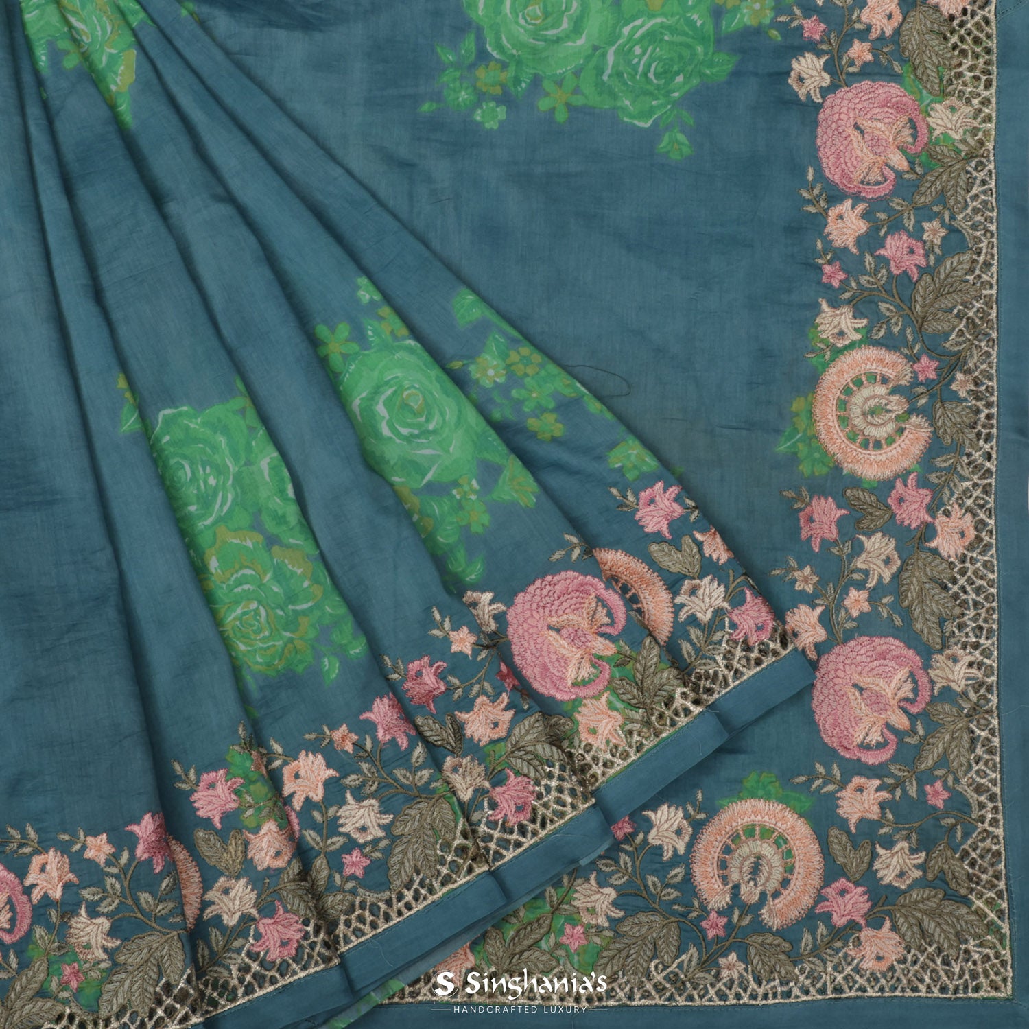 Blue-Gray Printed Satin Silk Saree With Floral Pattern