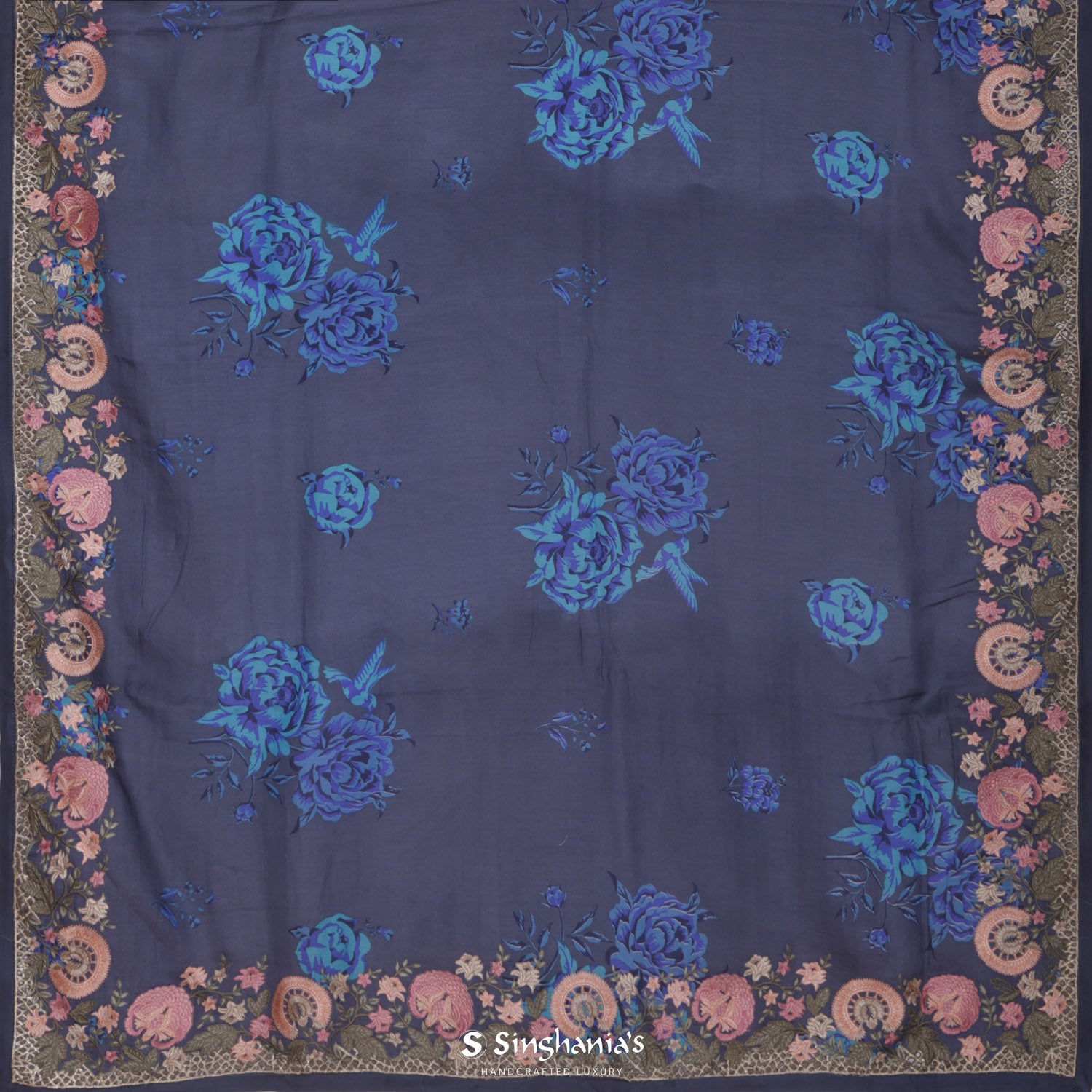 Berry Blue Printed Satin Saree With Thread Embroidery Border