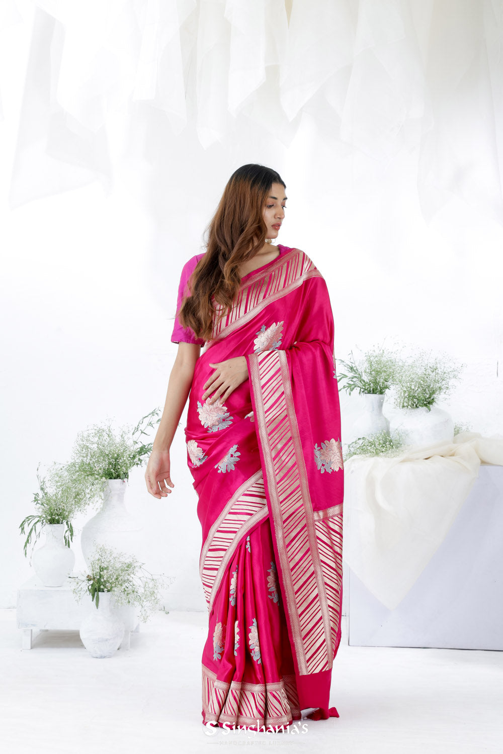 Steel Pink Banarasi Mashru Silk Saree With Floral Motifs