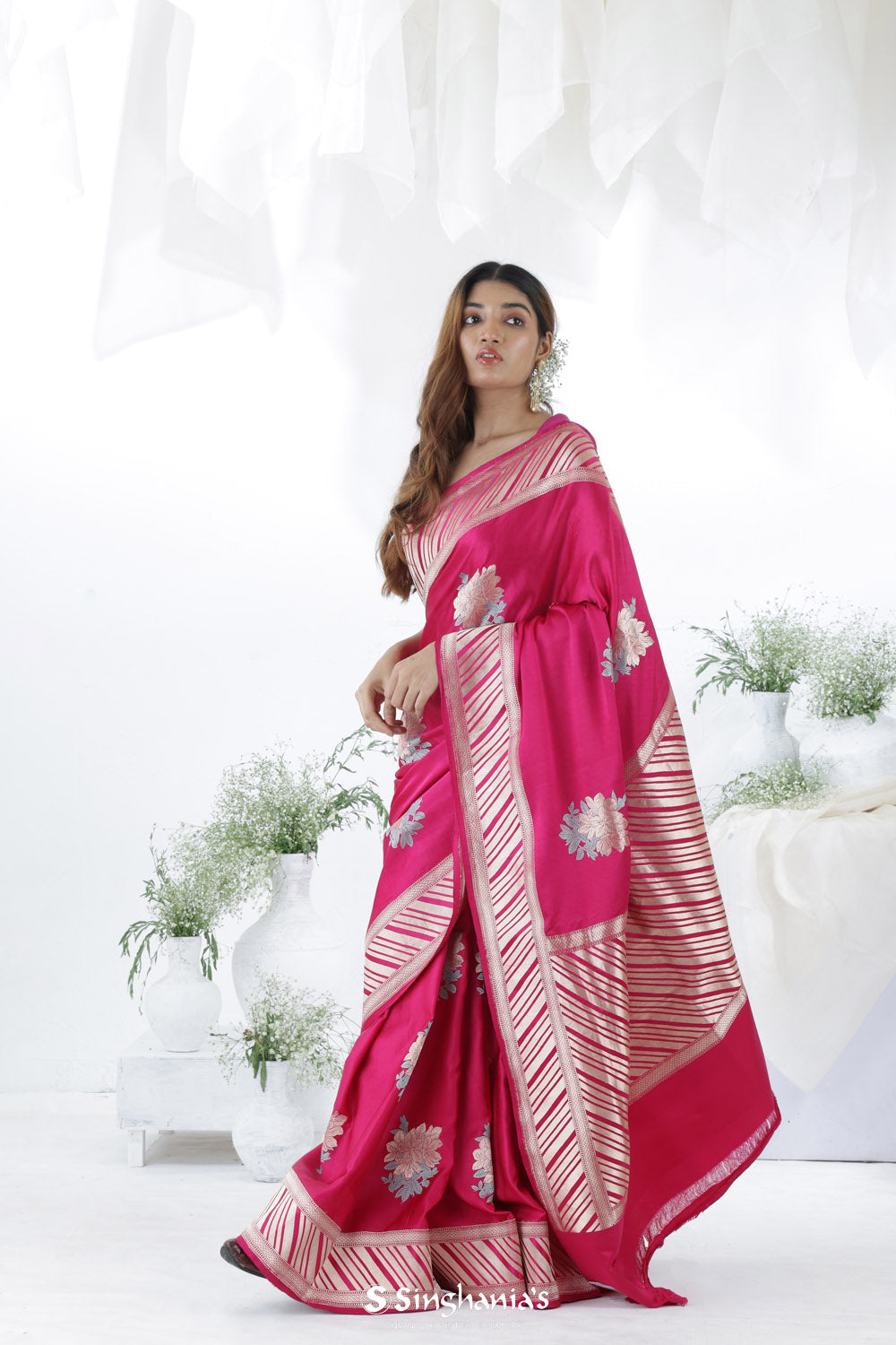 Steel Pink Banarasi Mashru Silk Saree With Floral Motifs
