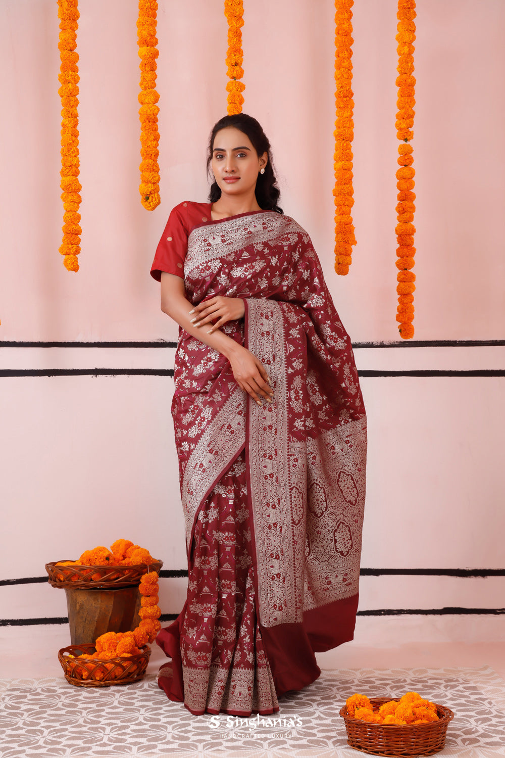 Maroon Pink Banarasi Silk Saree With Floral Design