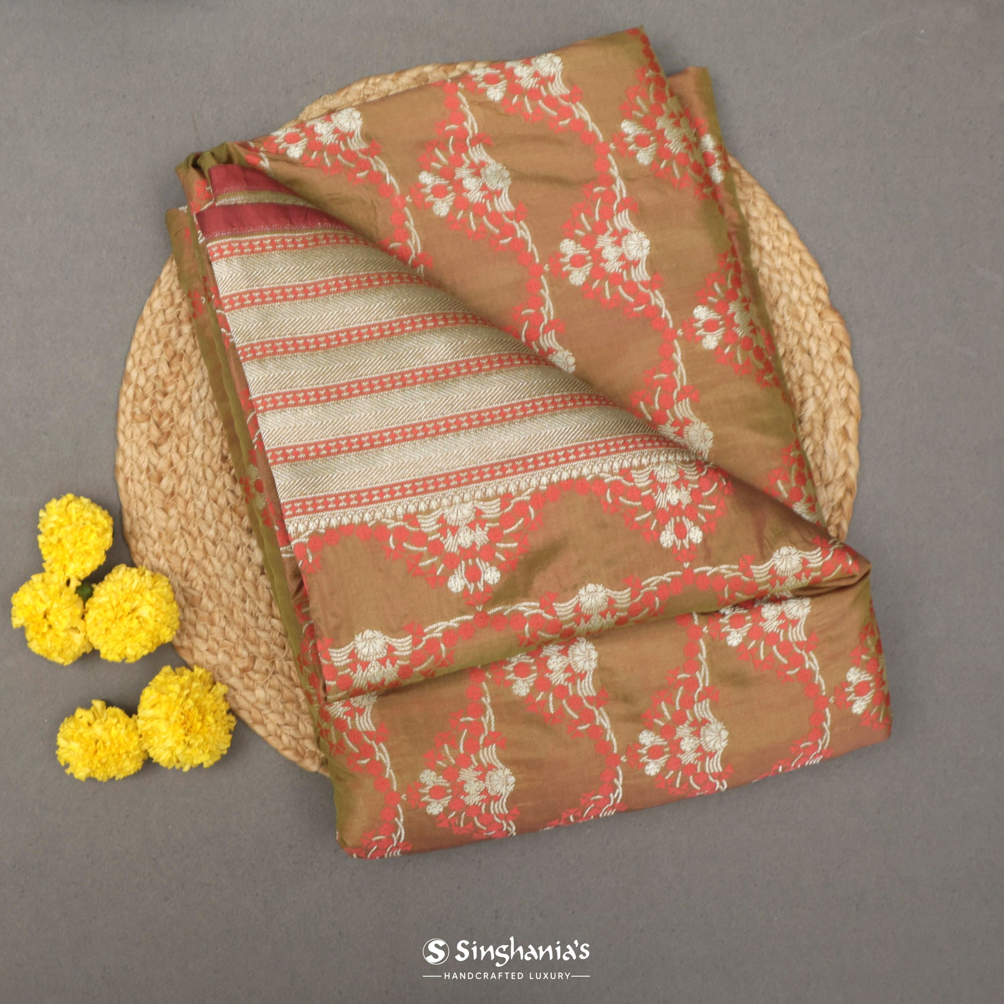 Ochre Yellow Silk Saree Floral Motifs With Banarasi Weaving