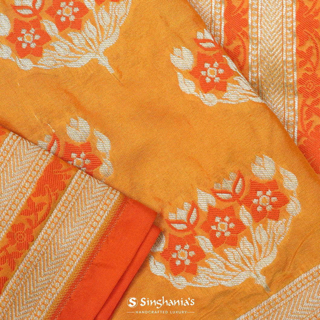 Saffron Orange Banarasi Saree With Meenakari Floral Jaal Pattern