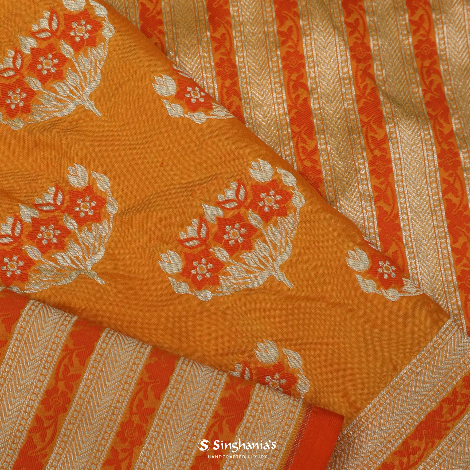 Radiant Yellow Silk Saree With Floral Buttis With Banarasi Weaving