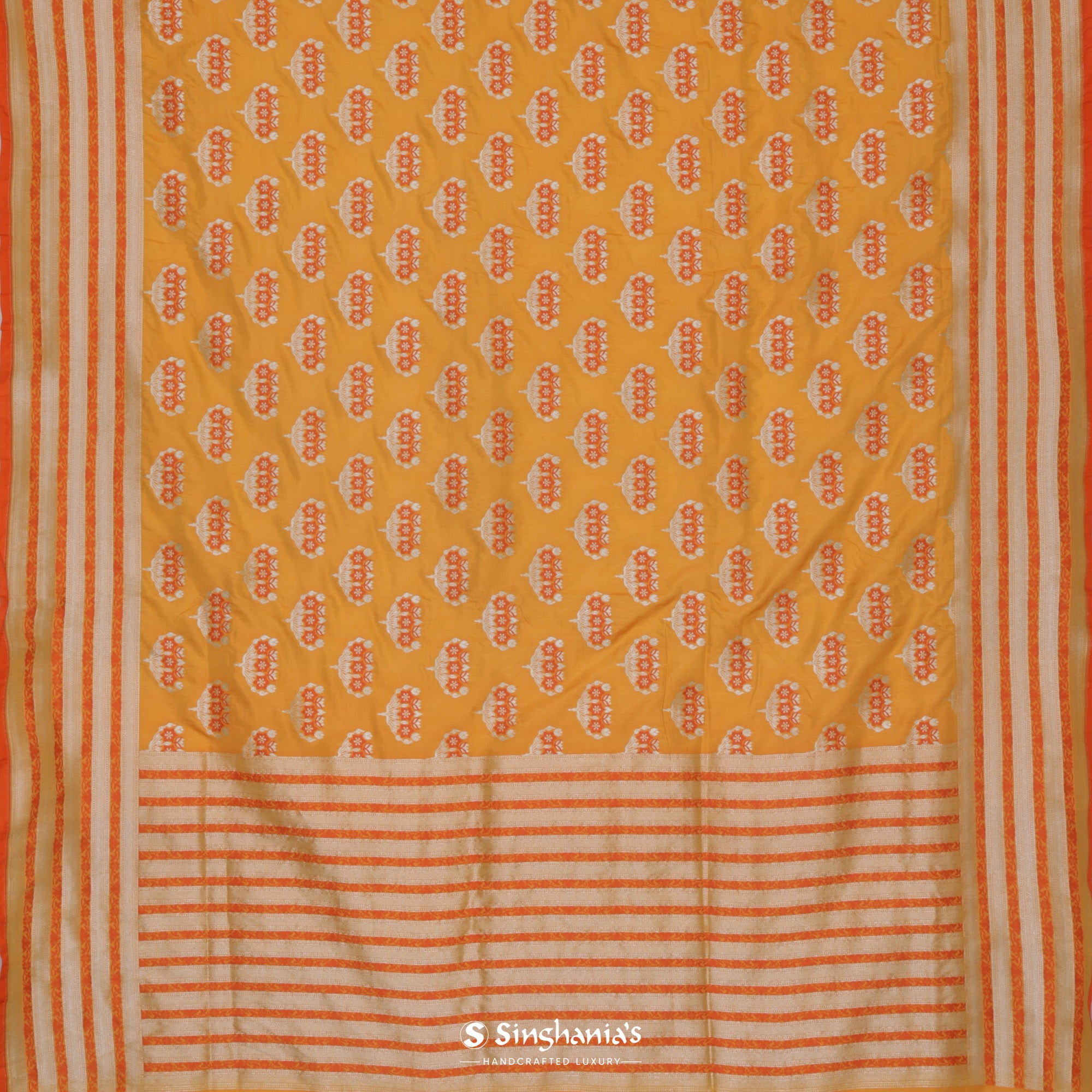 Radiant Yellow Silk Saree With Floral Buttis With Banarasi Weaving