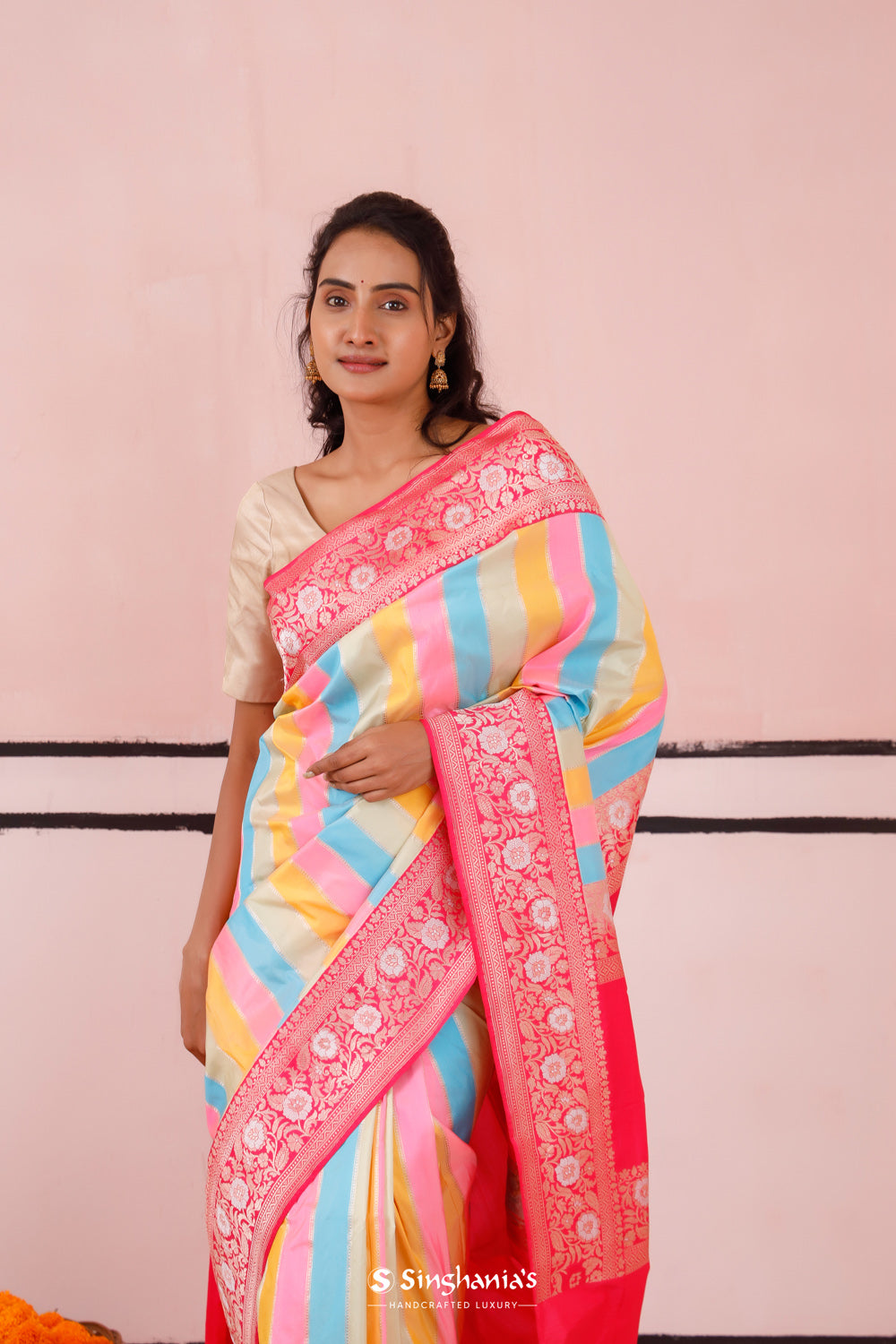 Pink Multicolour Banarasi Silk Saree With Zari Stripes Weaving