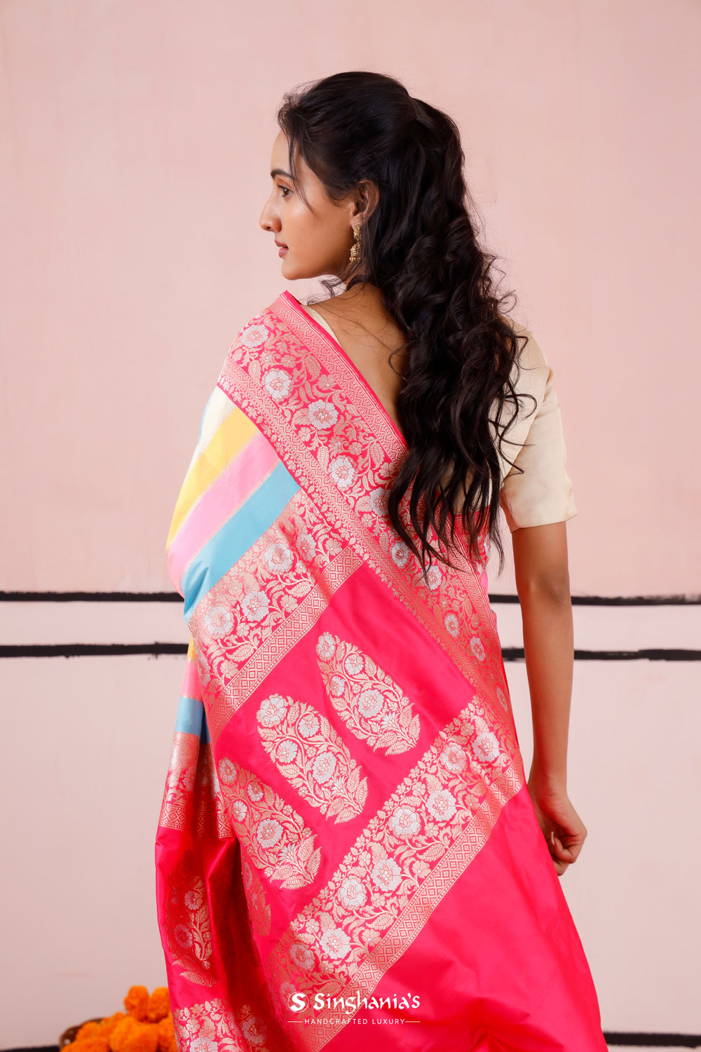 Pink Multicolour Banarasi Silk Saree With Zari Stripes Weaving