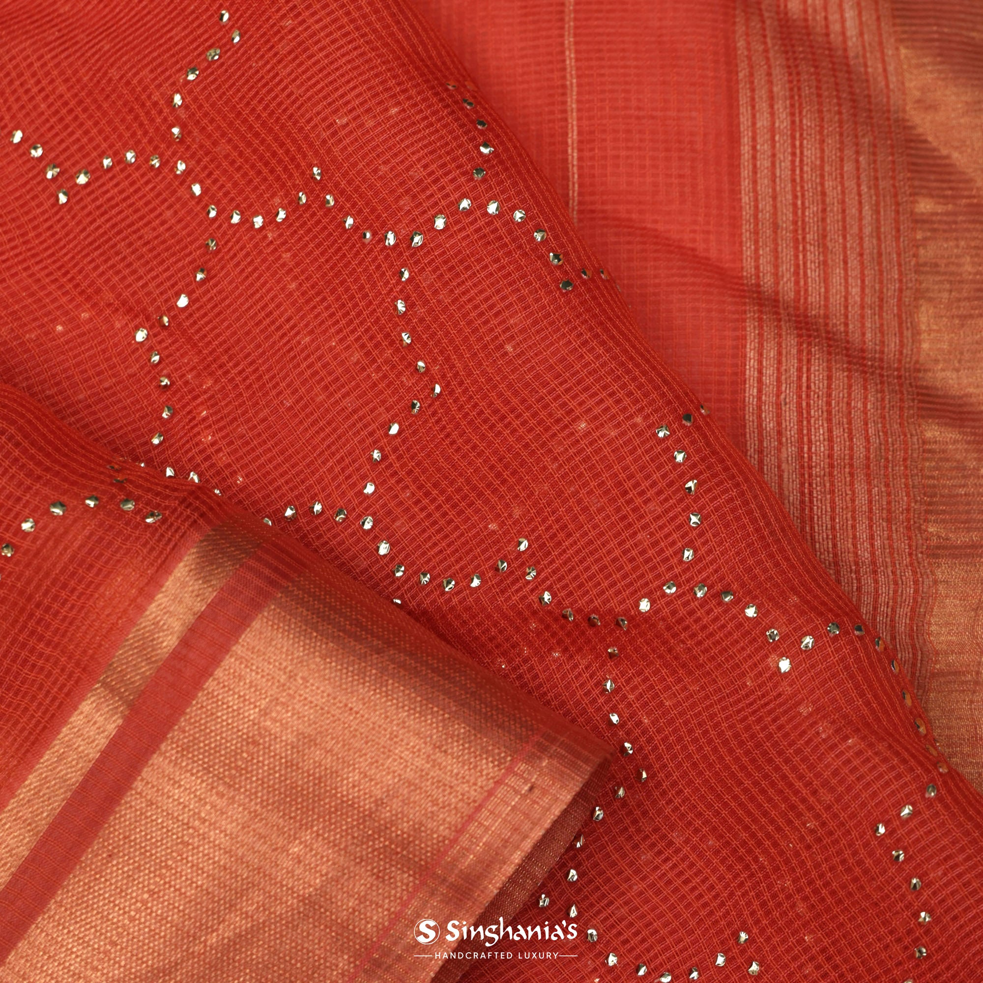 Persian Red Kota Silk Saree With Mukaish Work In Grid Pattern