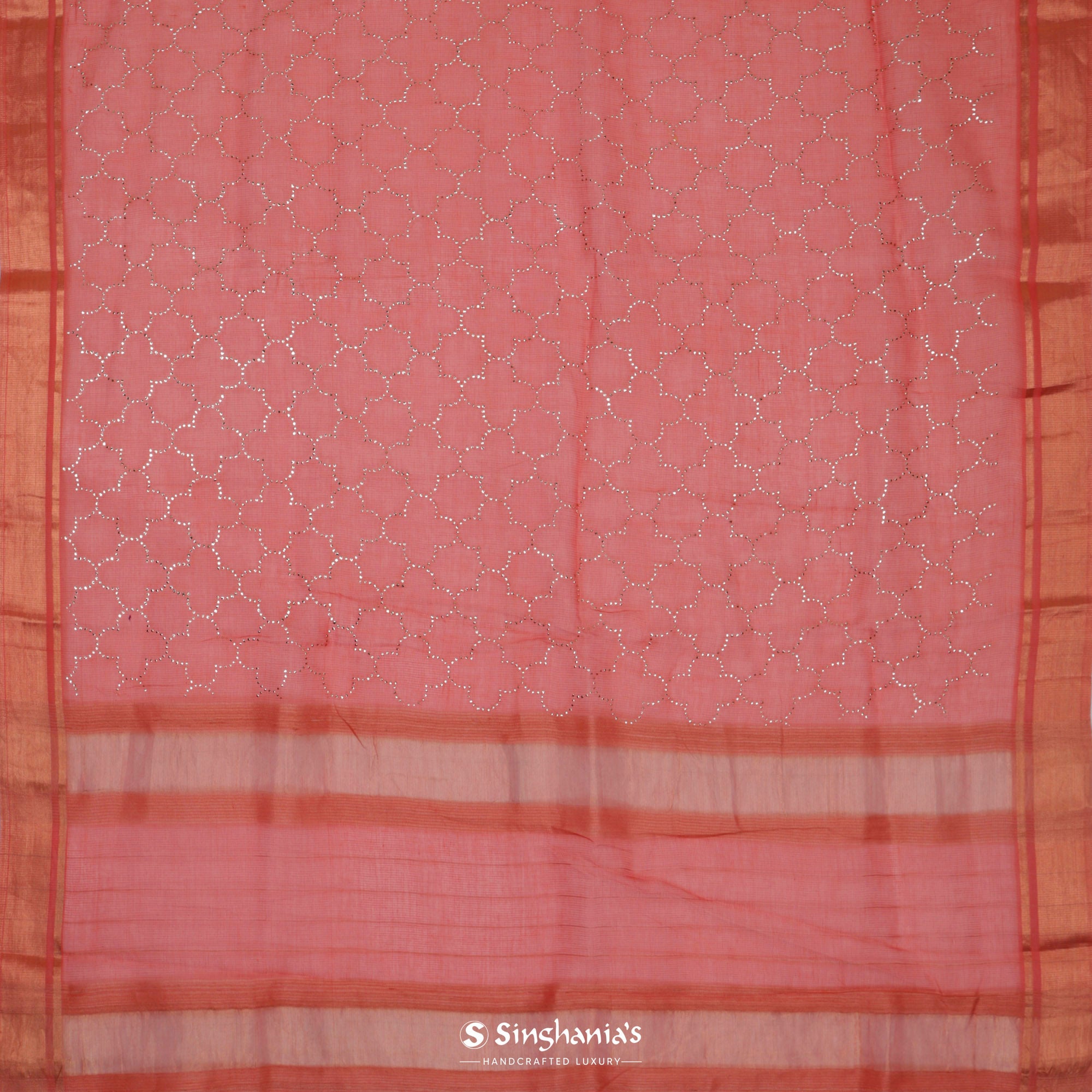 Persian Red Kota Silk Saree With Mukaish Work In Grid Pattern