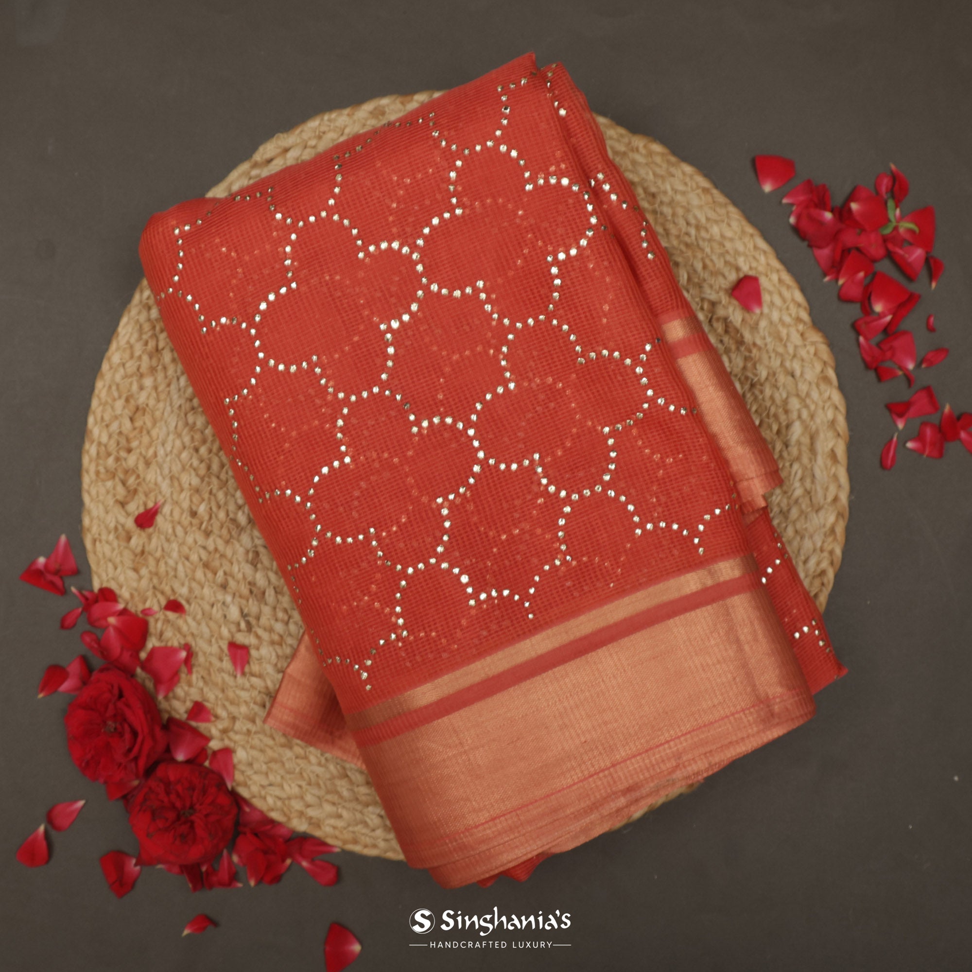 Persian Red Kota Silk Saree With Mukaish Work In Grid Pattern