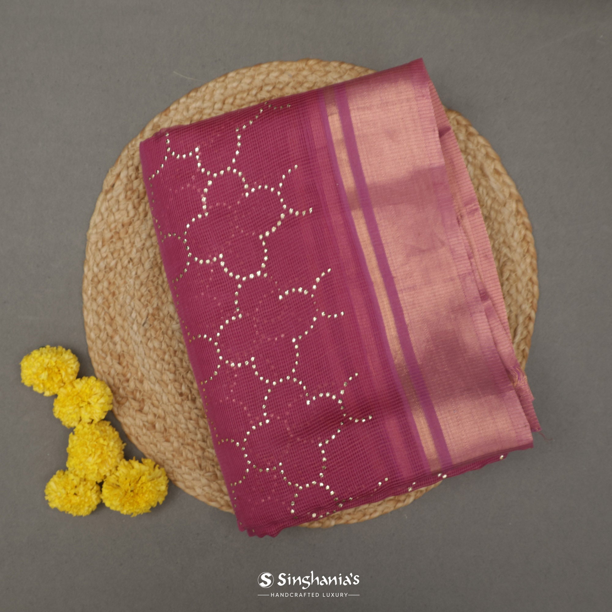 Rouge Pink Kota Silk Saree With Mukaish Work In Grid Pattern