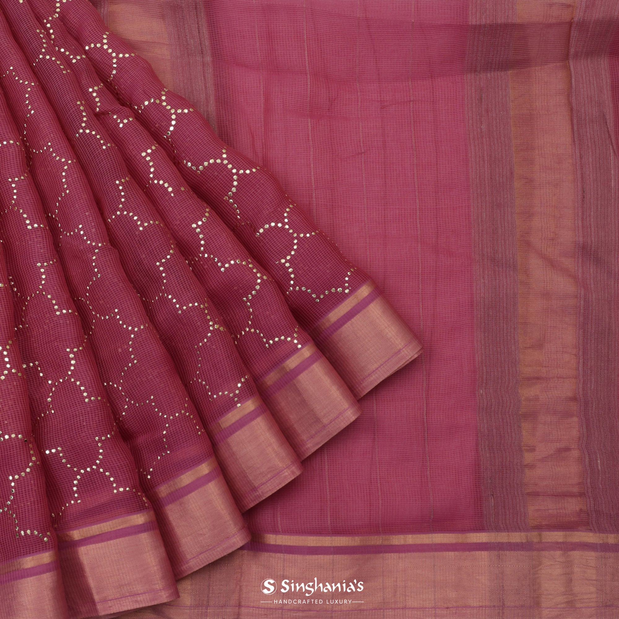 Rouge Pink Kota Silk Saree With Mukaish Work In Grid Pattern