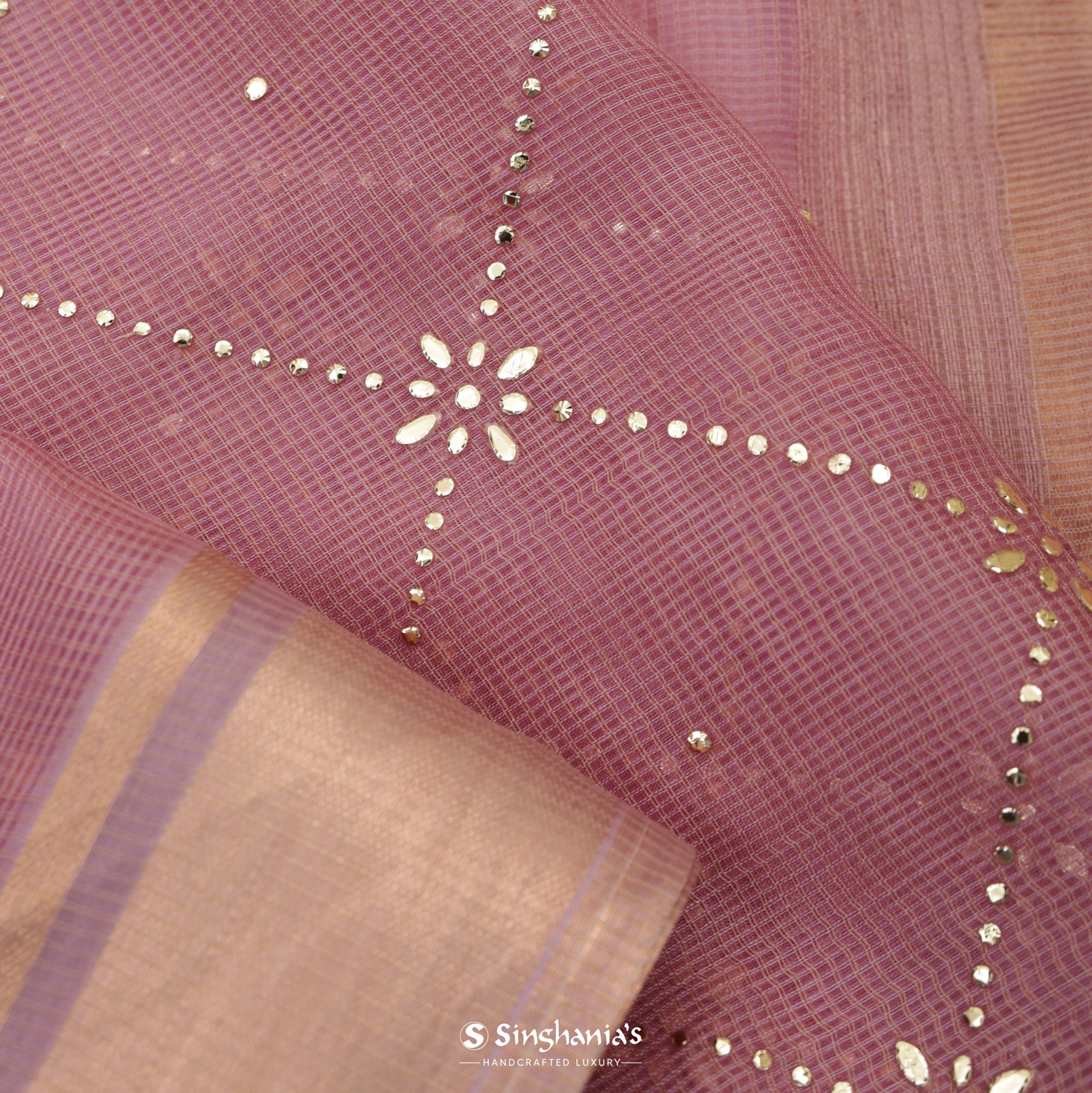 Light Pink Kota Silk Saree With Mukaish Work In Grid Pattern