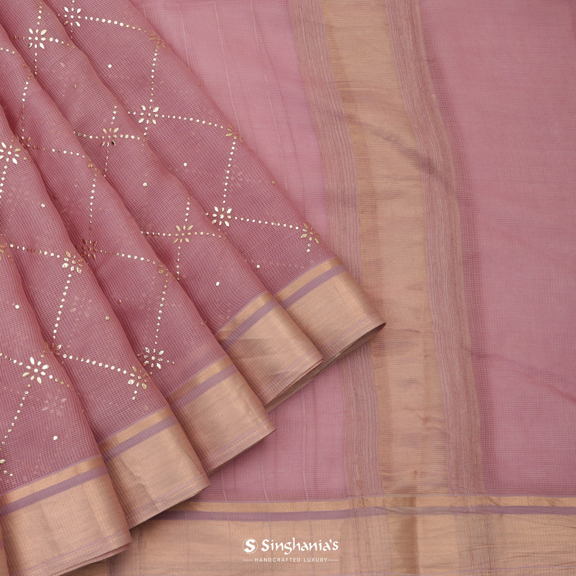 Light Pink Kota Silk Saree With Mukaish Work In Grid Pattern