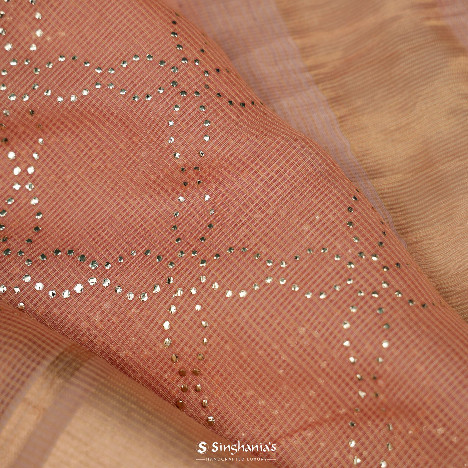 Dark Salmon Pink Kota Silk Saree With Mukaish Work In Floral Grid Pattern