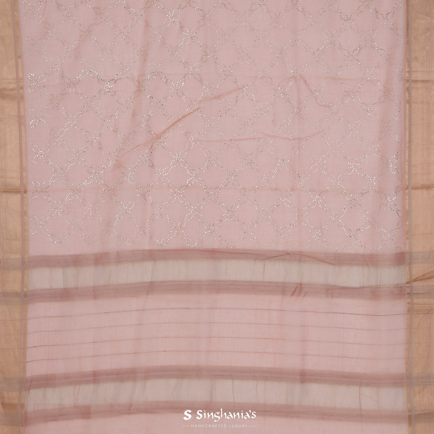 Dark Salmon Pink Kota Silk Saree With Mukaish Work In Floral Grid Pattern