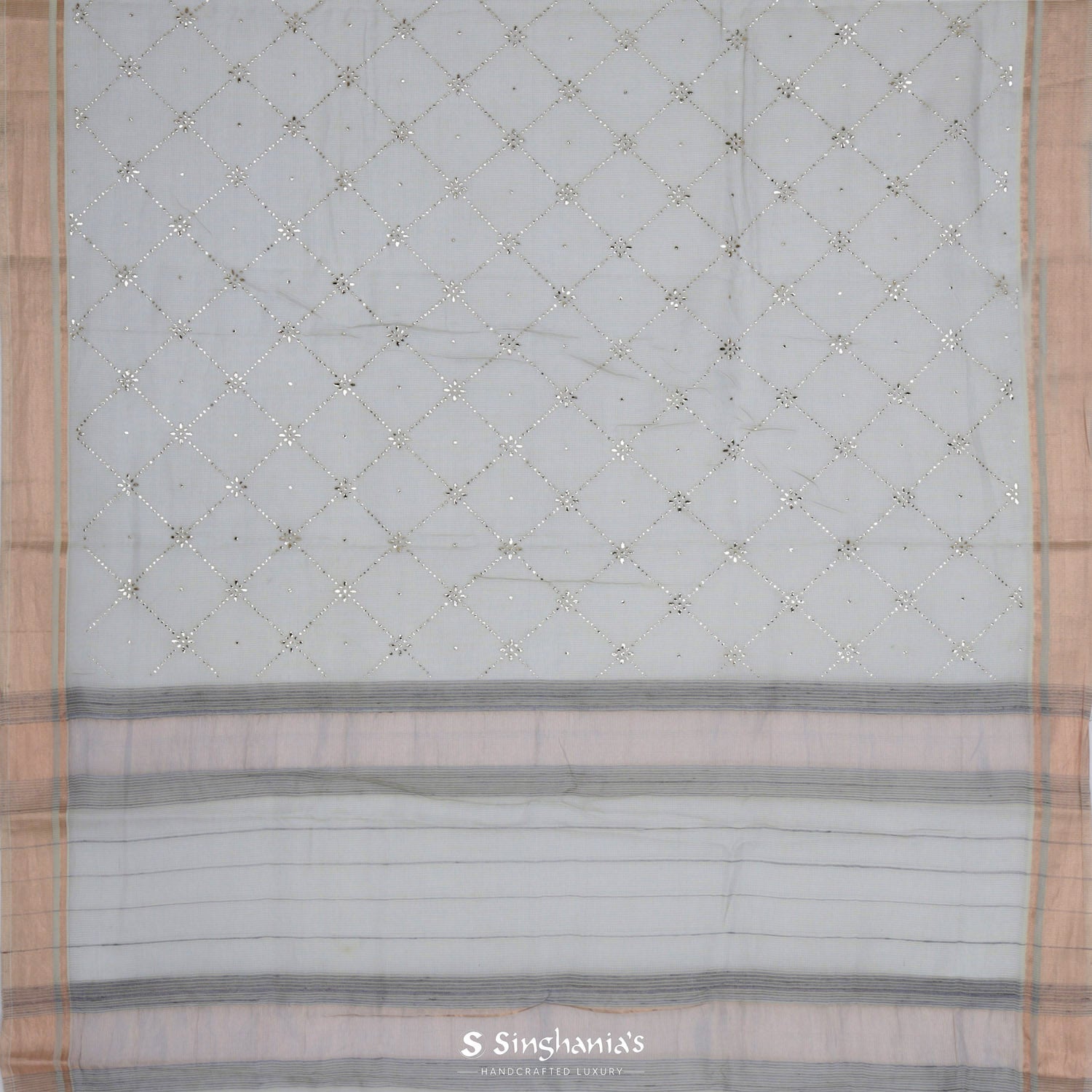 Ash Gray Kota Silk Saree With Mukaish Work In Geometrical Pattern