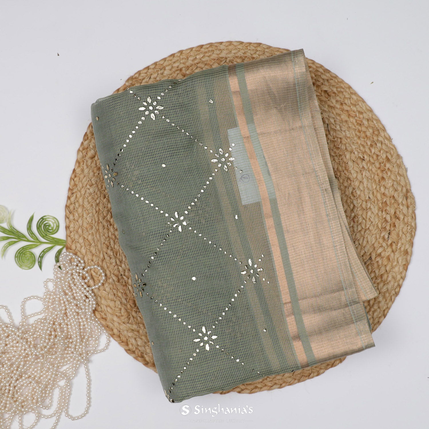 Xanadu Green Kota Silk Saree With Mukaish Work In Geometrical Pattern