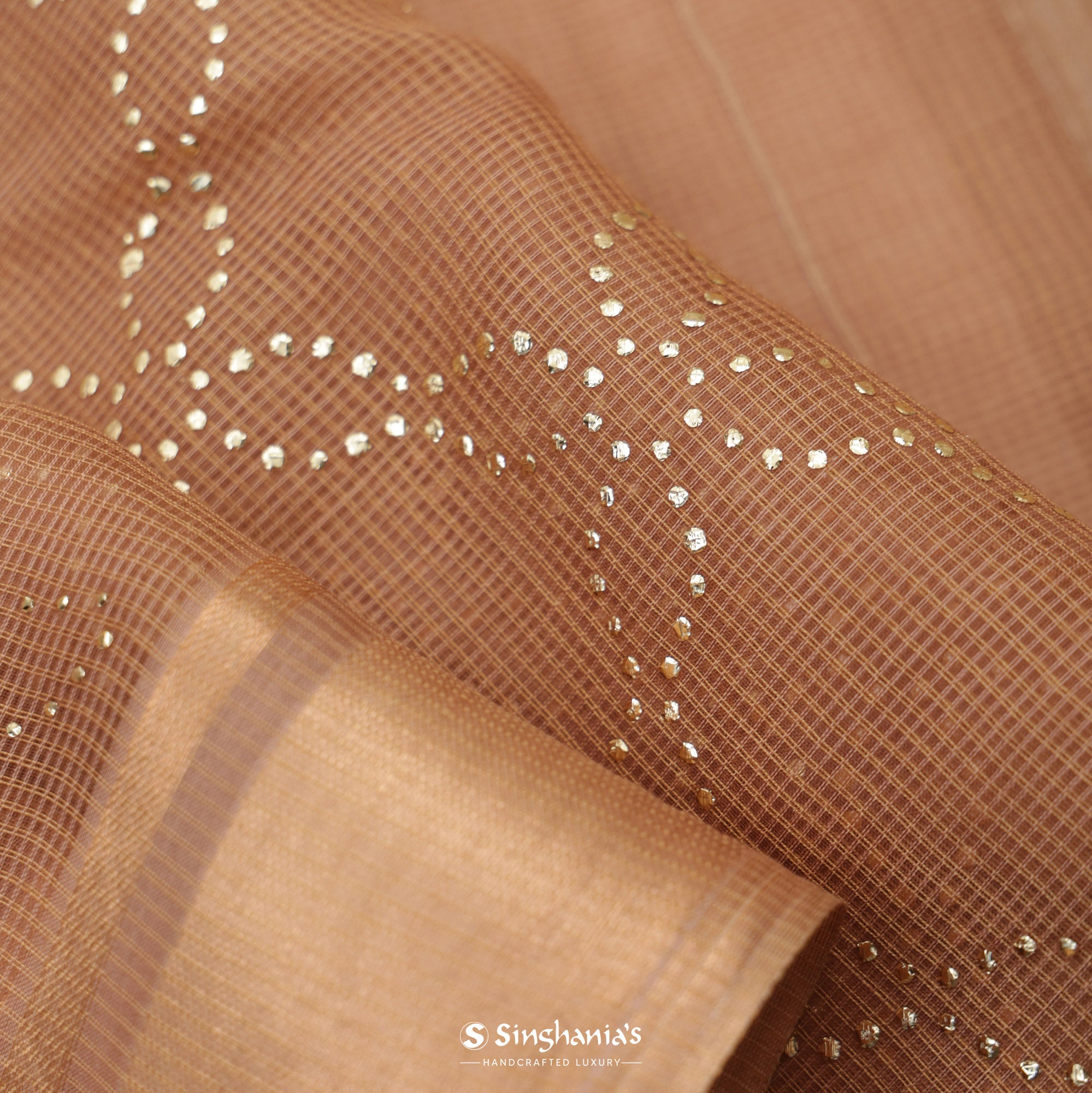 Faded Orange Kota Silk Saree With Mukaish Work In Grid Pattern