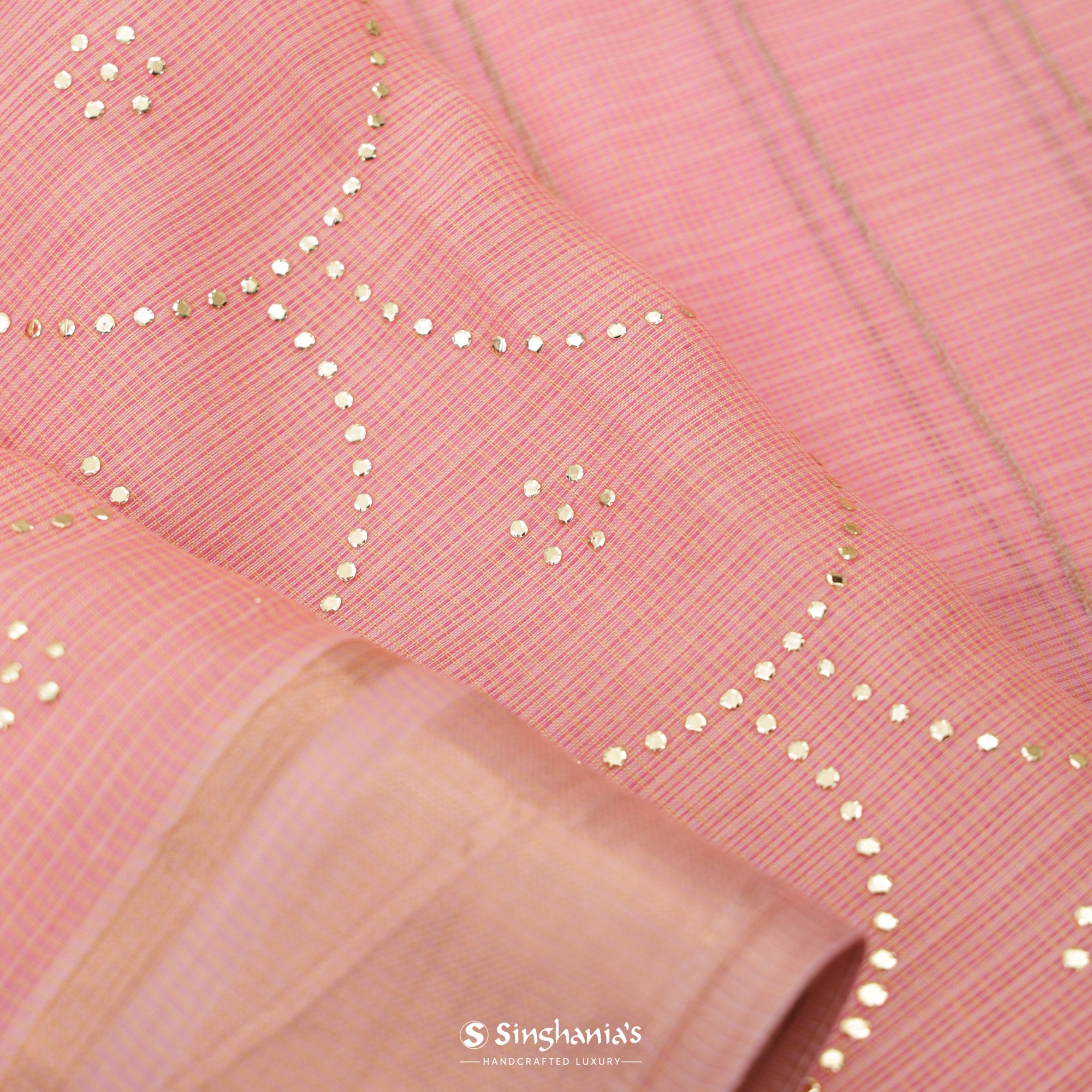 Melon Pink Kota Silk Saree With Mukaish Work In Grid Pattern