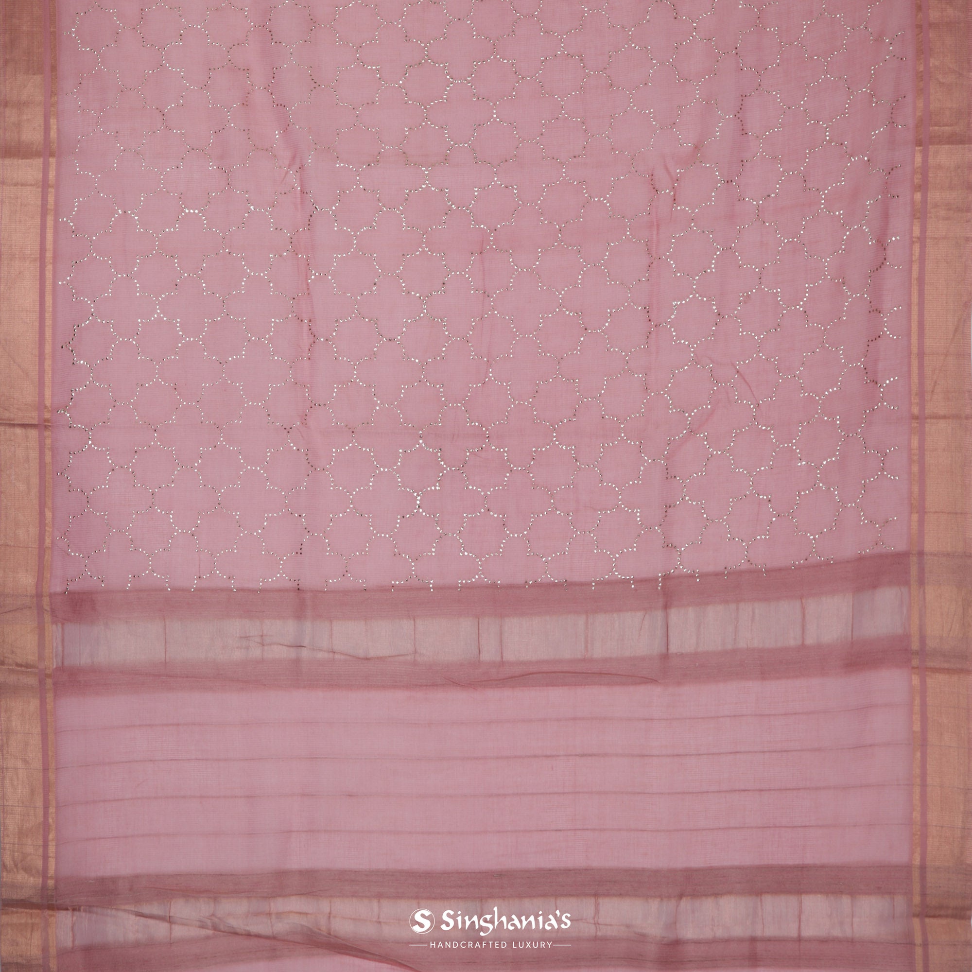 Sea Pink Kota Silk Saree With Mukaish Work In Grid Pattern