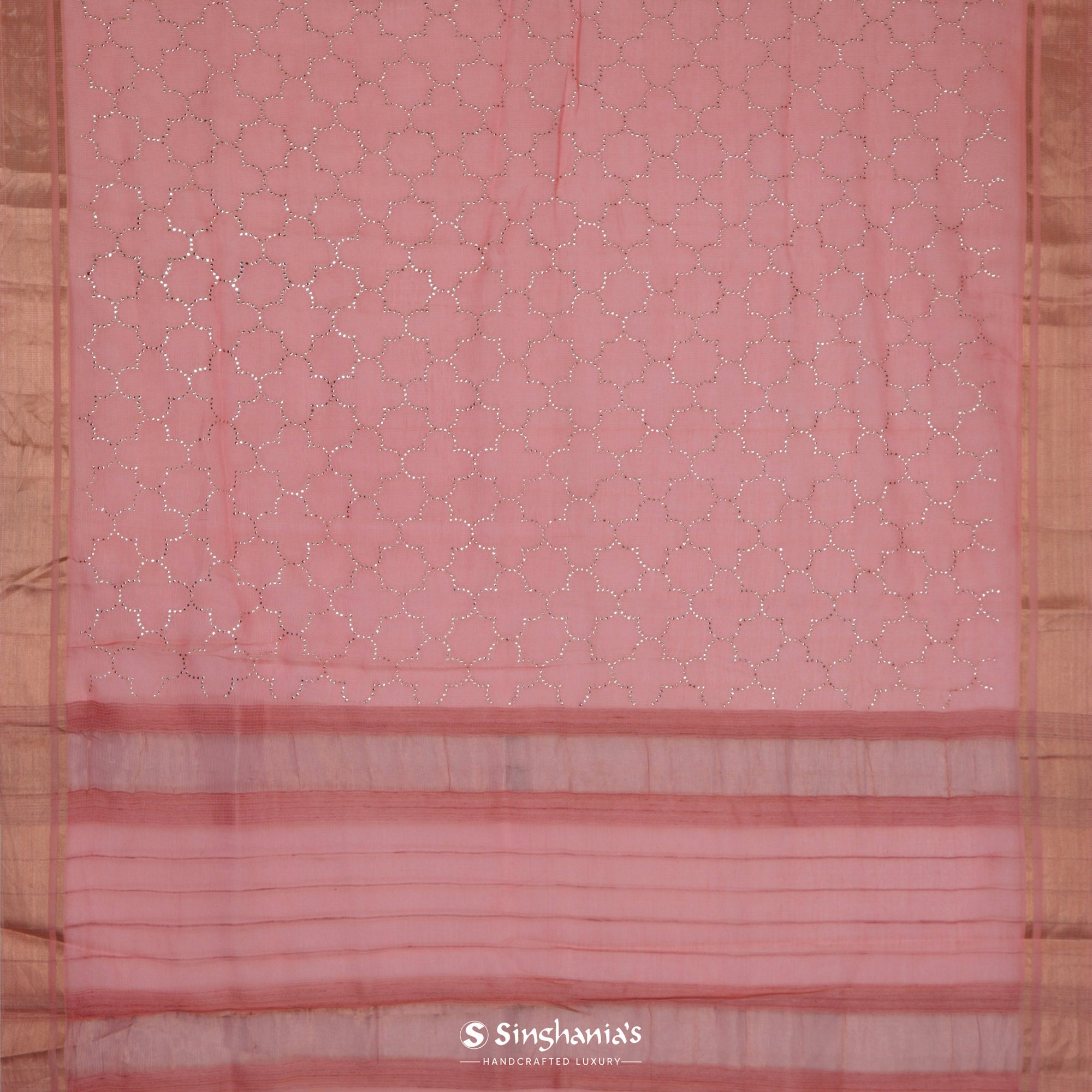 Sweet Pink Kota Silk Saree With Mukaish Work In Grid Pattern