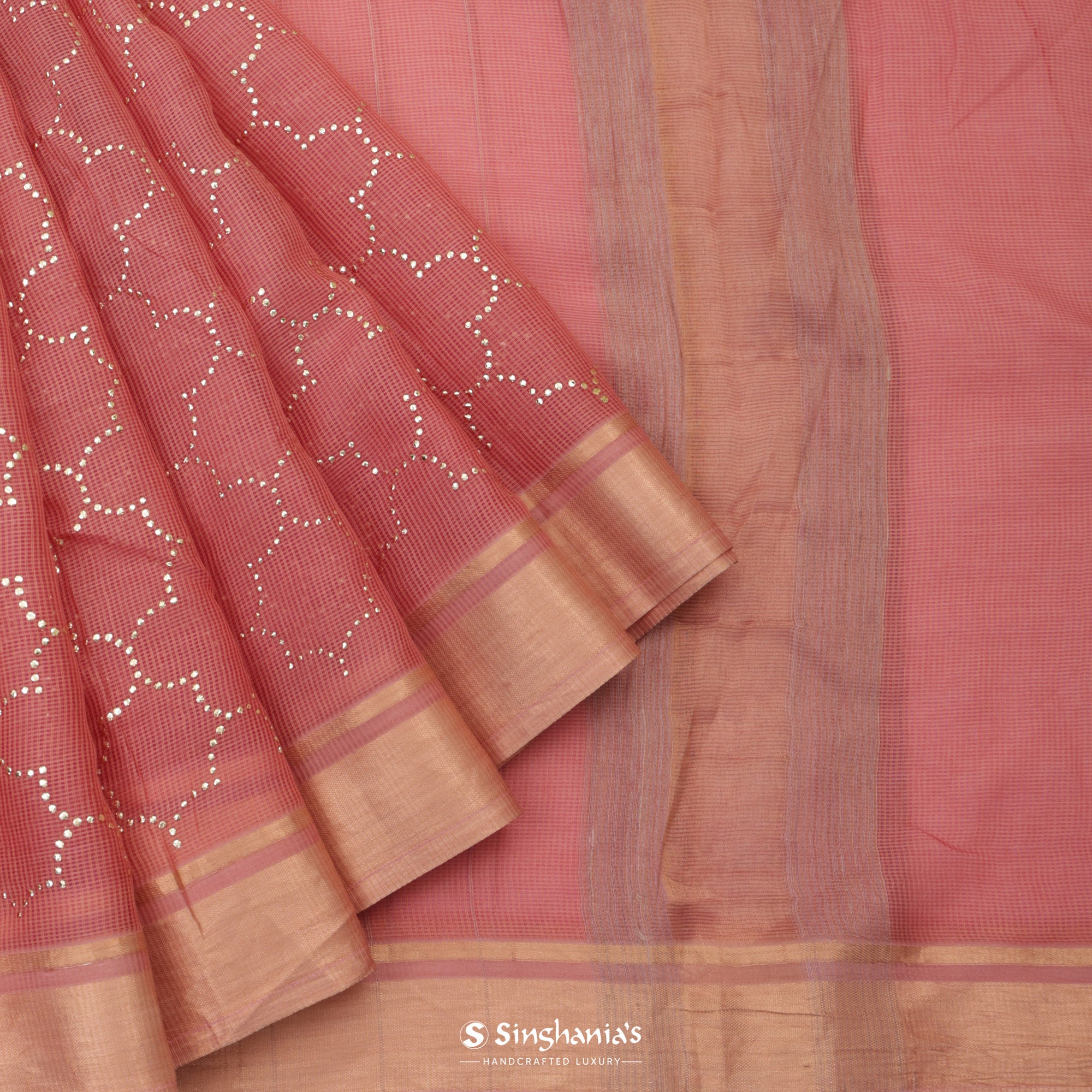 Sweet Pink Kota Silk Saree With Mukaish Work In Grid Pattern