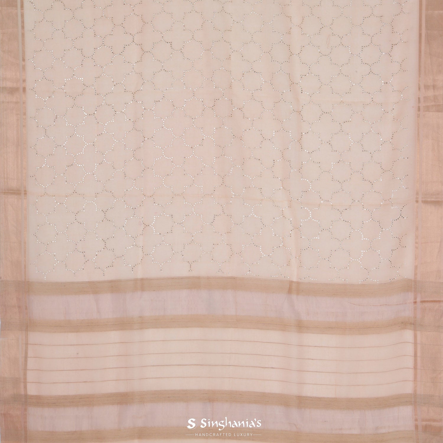 Pastel Orange Kota Silk Saree With Mukaish Work In Grid Pattern