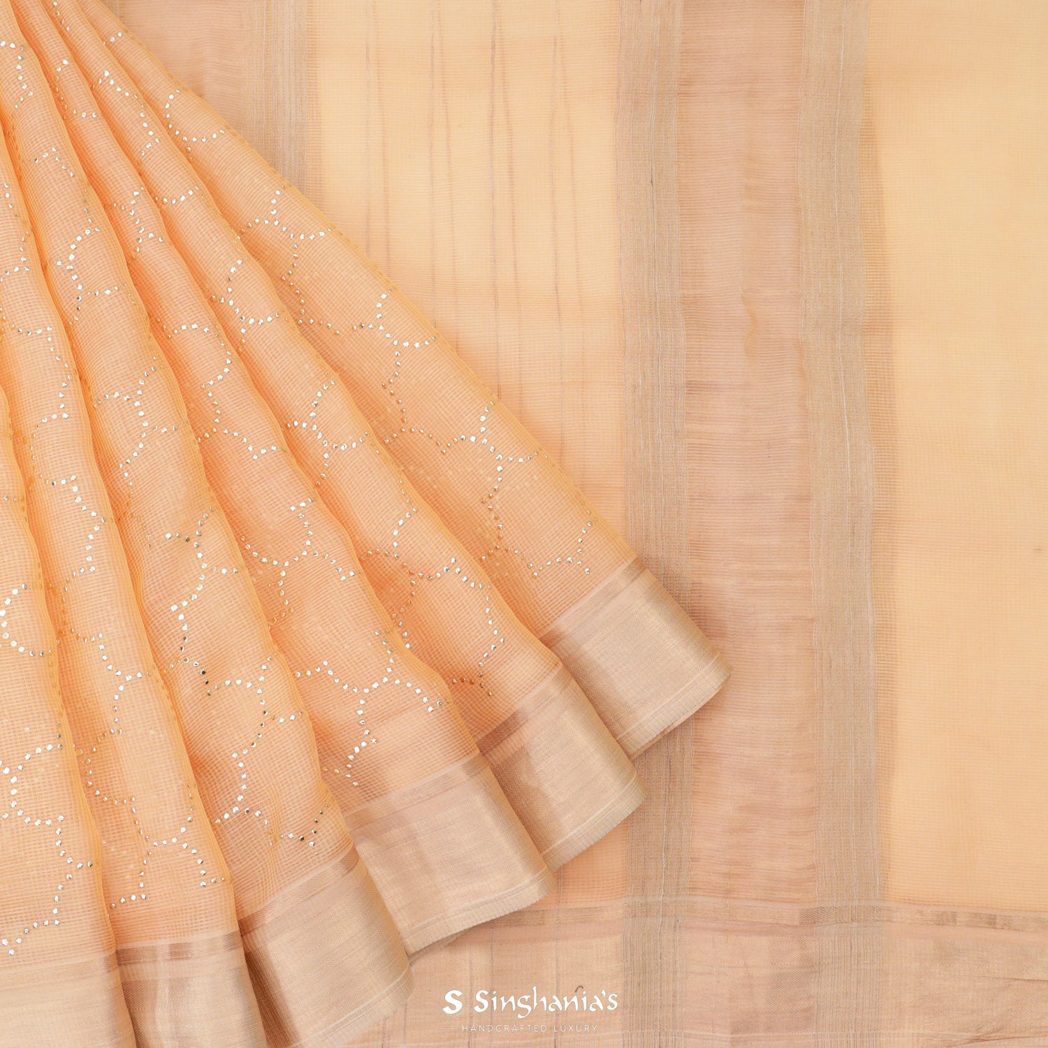 Pastel Orange Kota Silk Saree With Mukaish Work In Grid Pattern