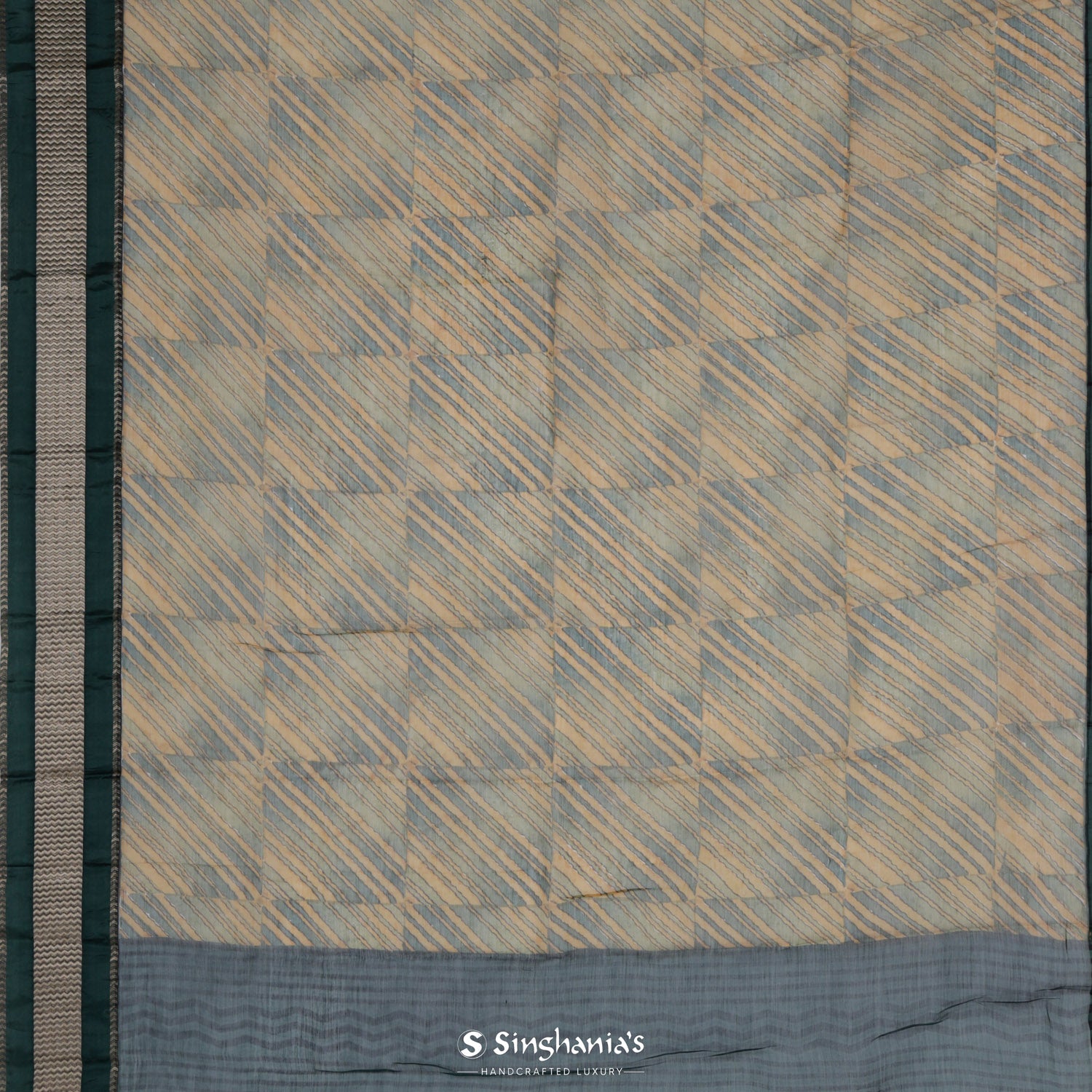 Greenish-Yellow Printed Maheshwari Saree With Checks And Stripes Pattern