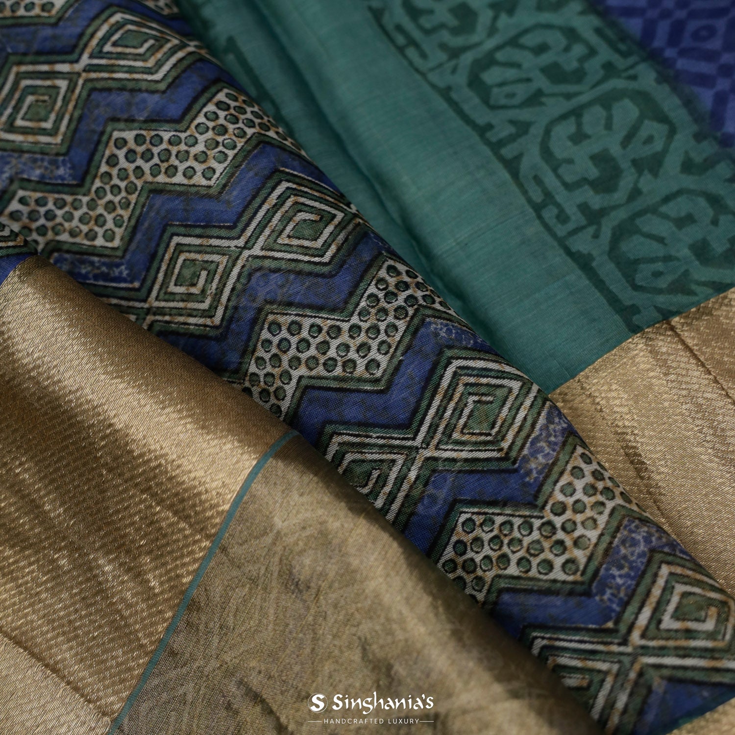 Delft Blue Printed Maheshwari Saree With Geometrical Pattern