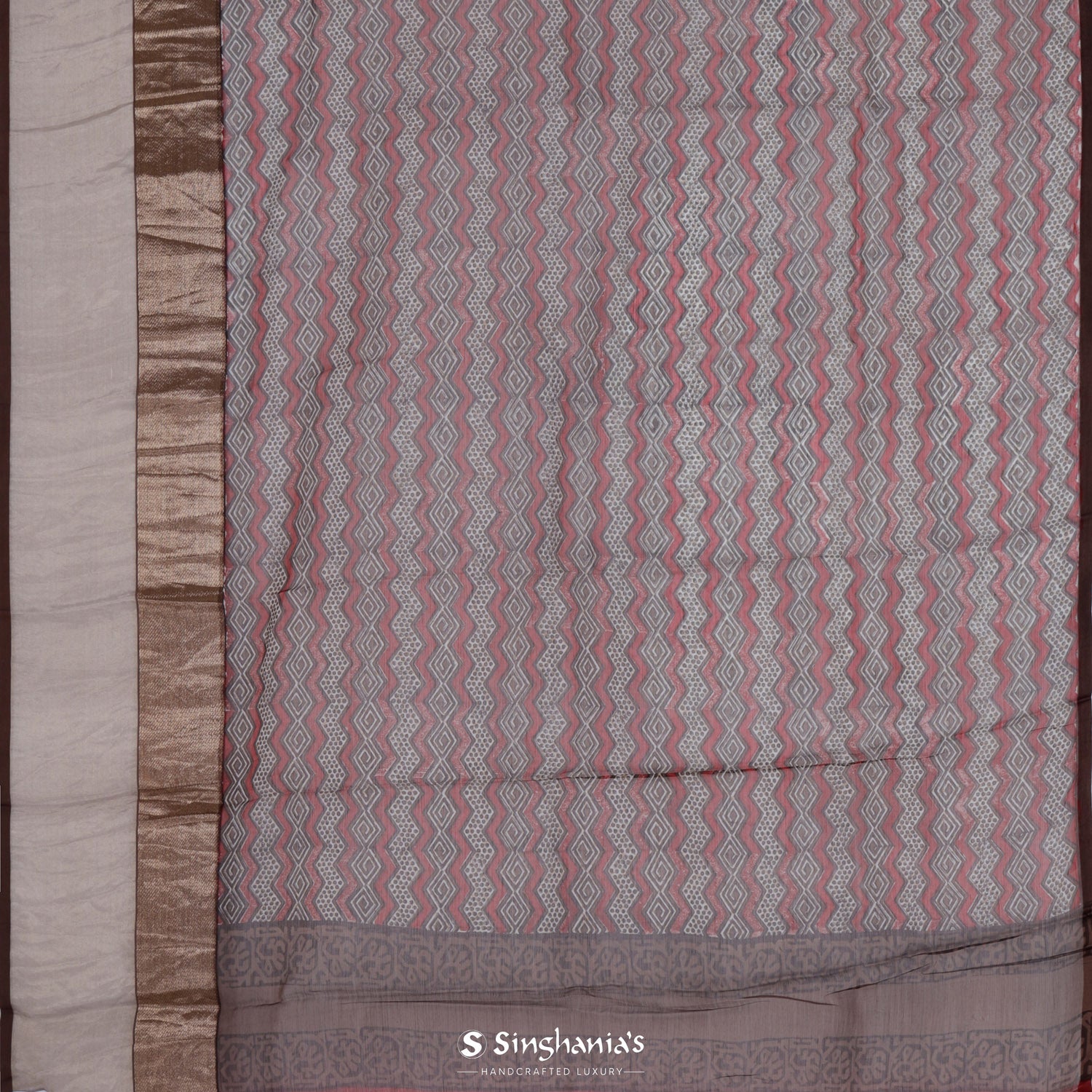 Ivory Printed Maheshwari Saree With Geometrical Pattern