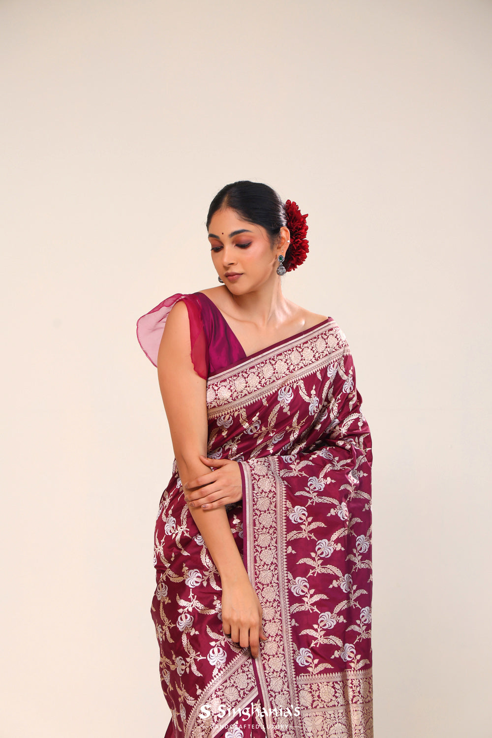 Deep Maroon Floral Banarasi Silk Saree