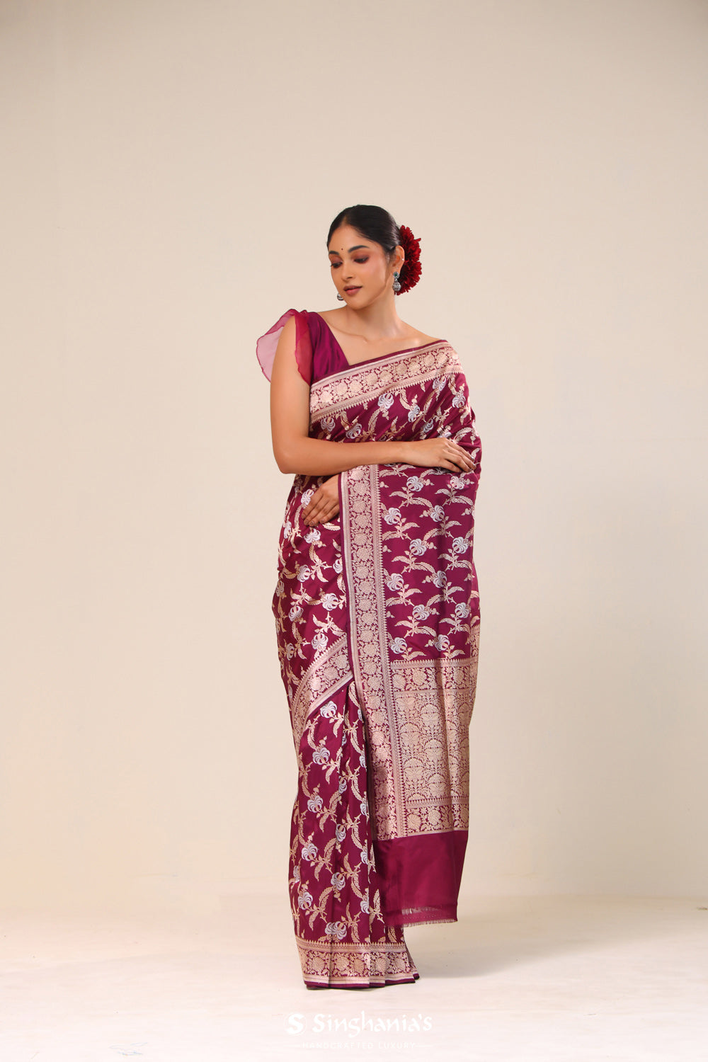 Deep Maroon Floral Banarasi Silk Saree