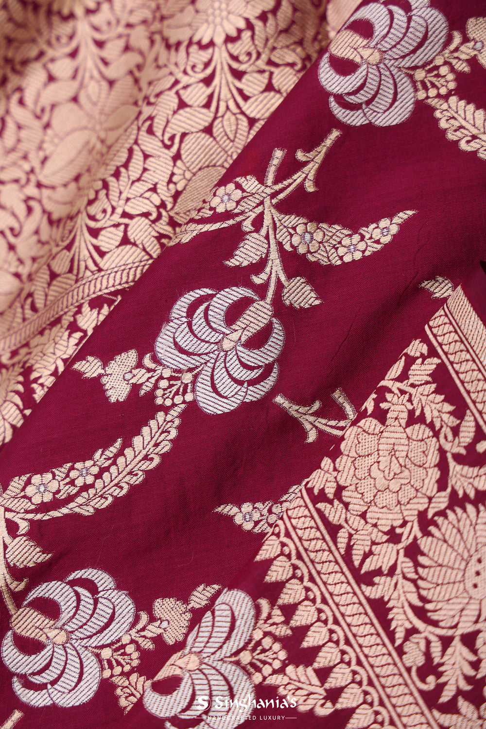 Deep Maroon Floral Banarasi Silk Saree