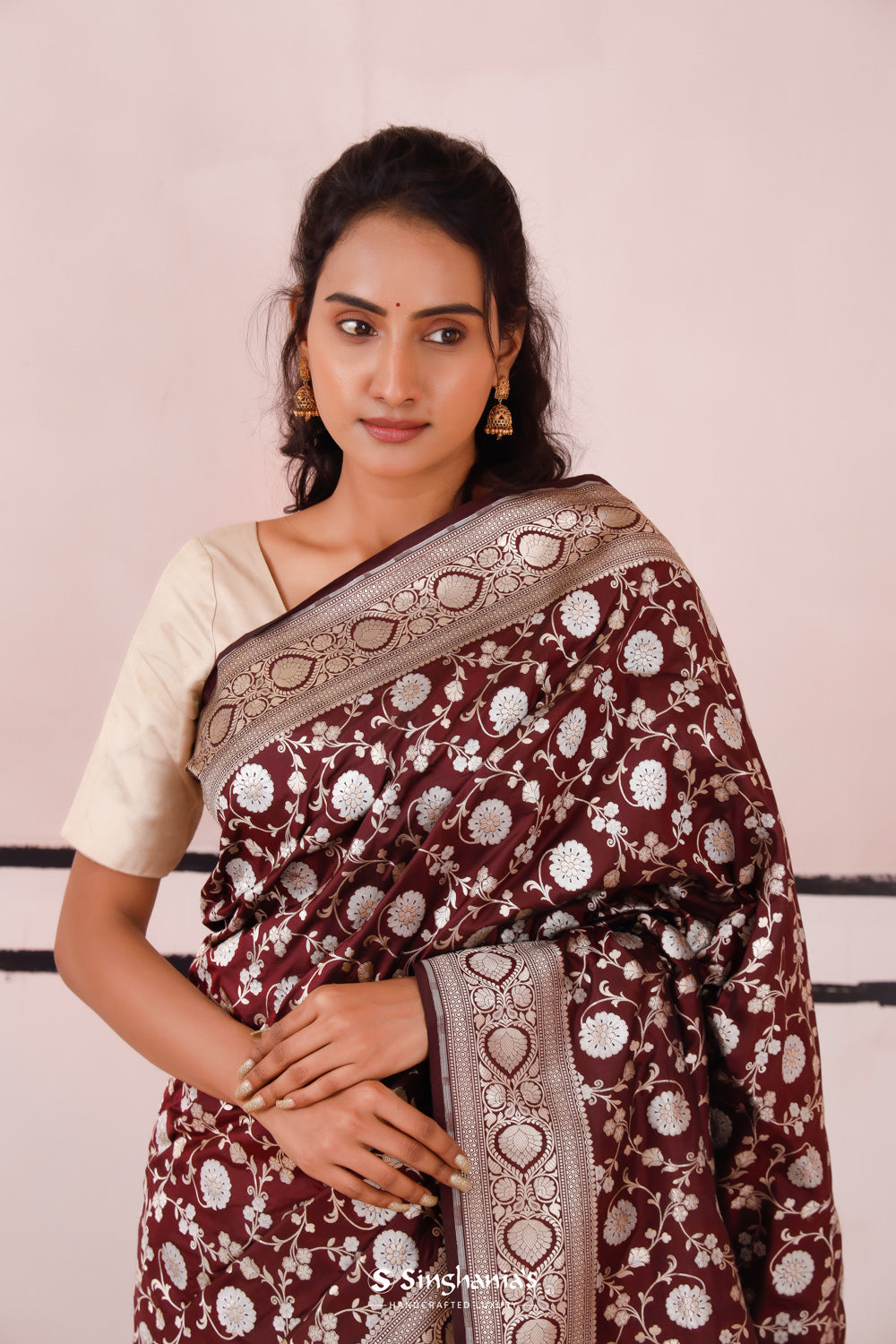 Tyrian Purple Banarasi Silk Saree With Floral Detailing