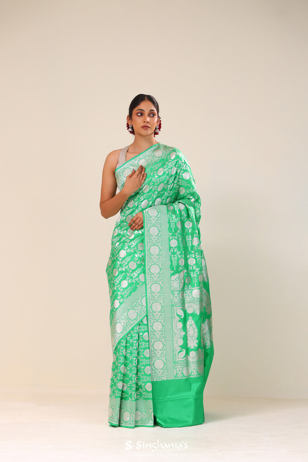 Pantone Green Chiniya Banarasi Silk Saree