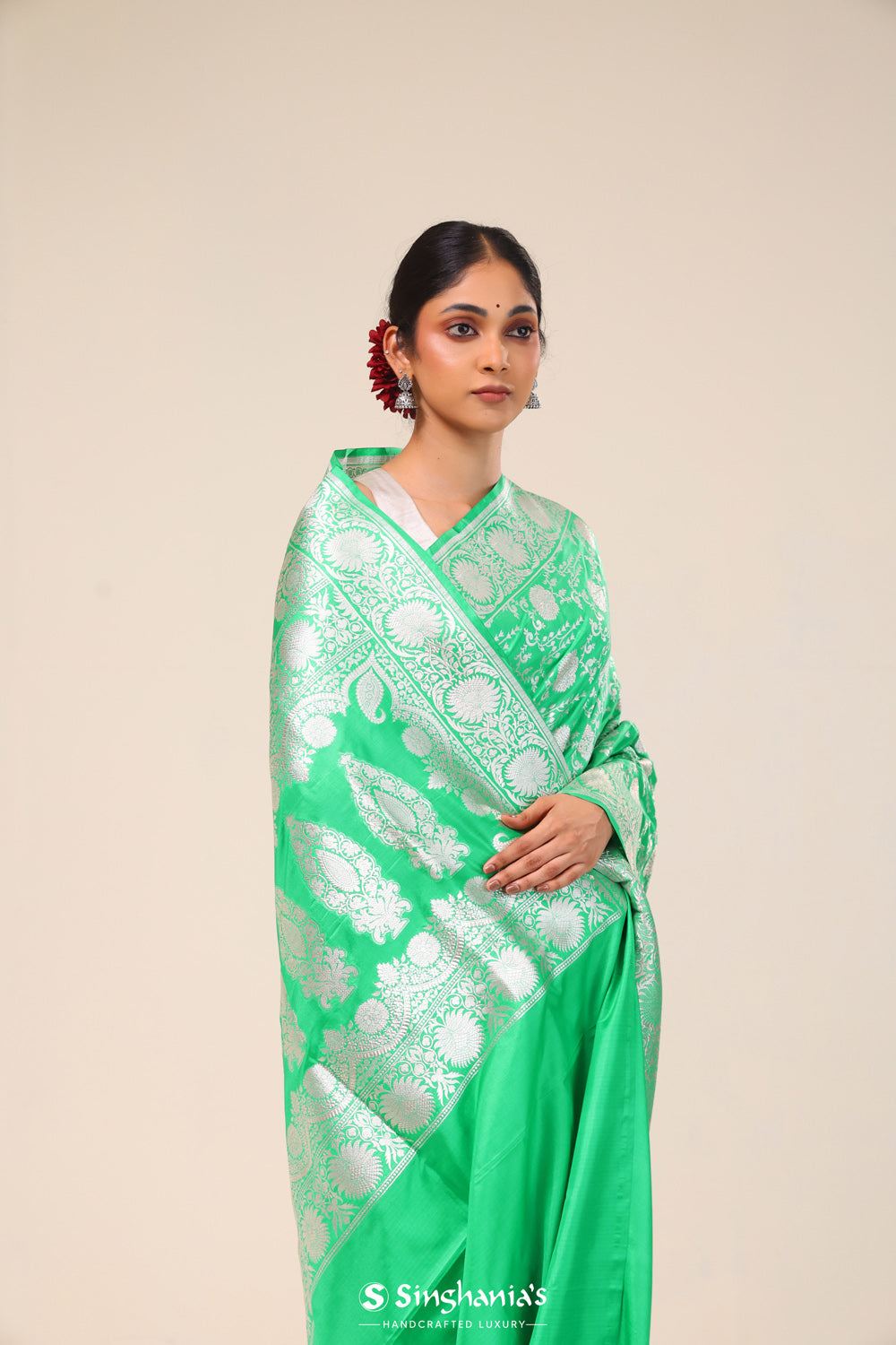 Pantone Green Chiniya Banarasi Silk Saree